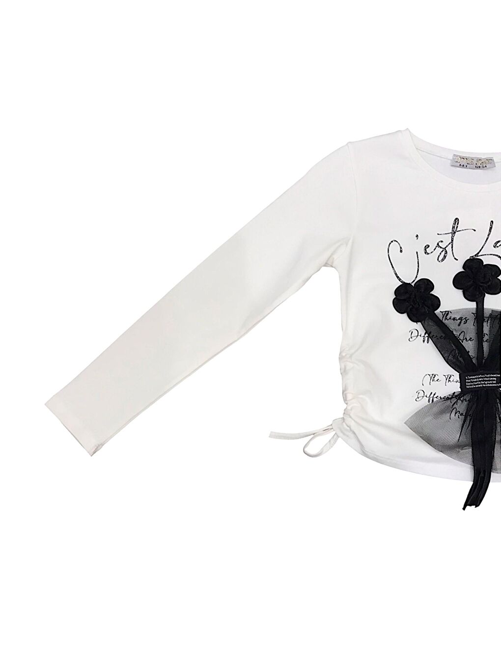 Ekru Kız Çocuk Yanları Büzgülü Buket Aksesuarlı Bluz-2