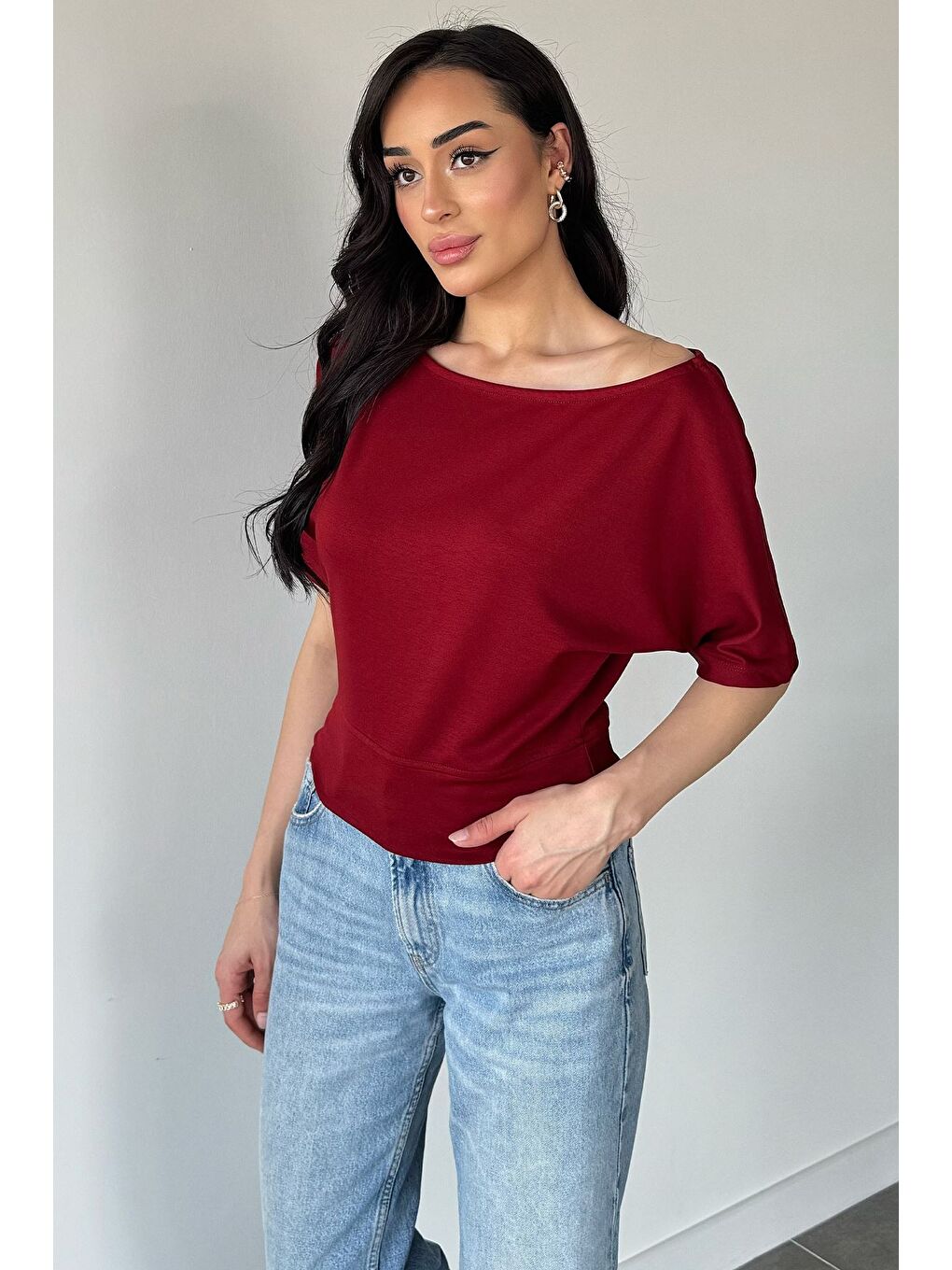 Bordo Kadın Kayık Yaka Bluz