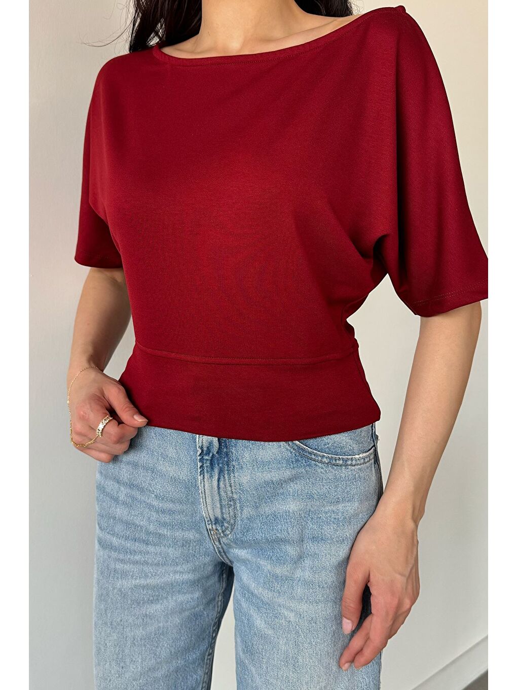 Bordo Kadın Kayık Yaka Bluz-1