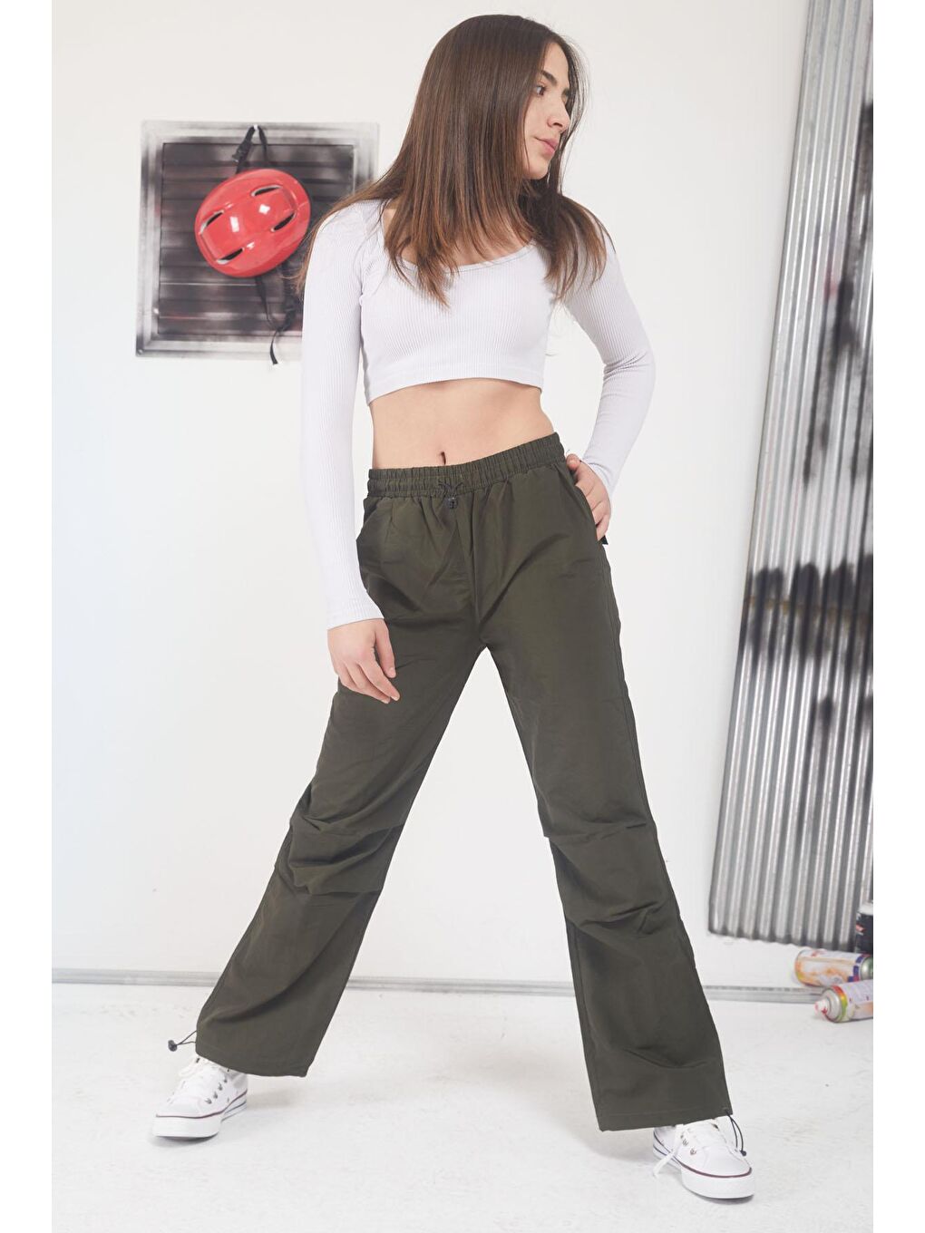 Haki Ayarlanabilir Yüksek Bel Kız Çocuk Paraşüt Pantolon 17589-1