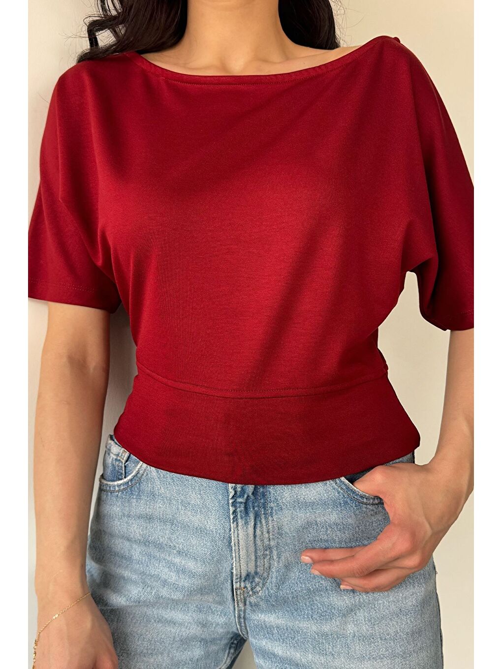 Bordo Kadın Kayık Yaka Bluz-2