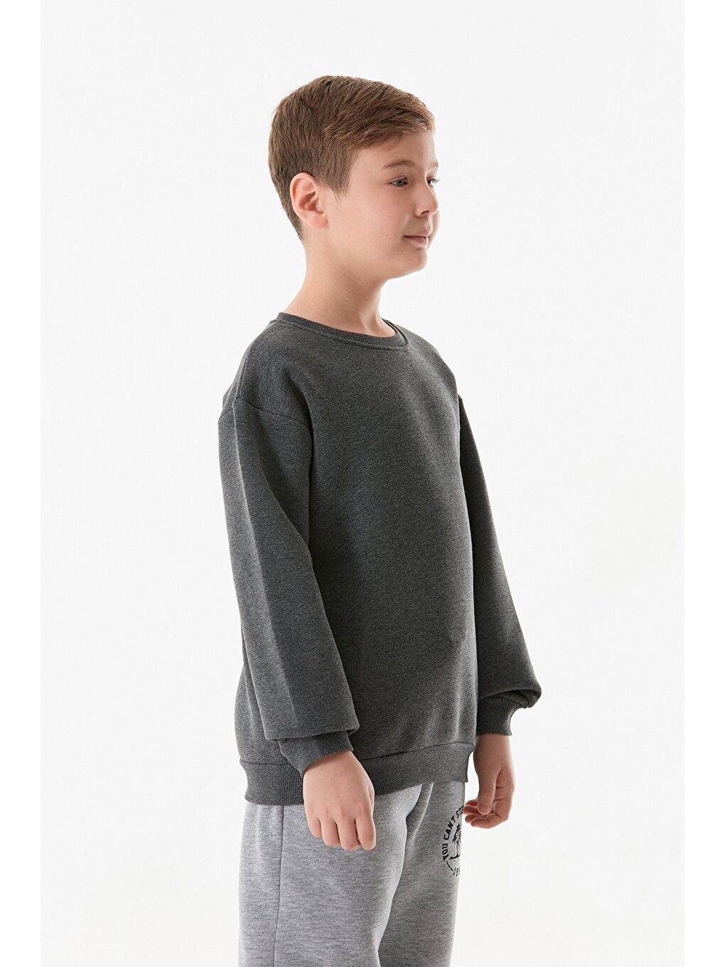 Antrasit 3 İplik Arkası Baskılı Bisiklet Yaka Erkek Çocuk Sweatshirt-1