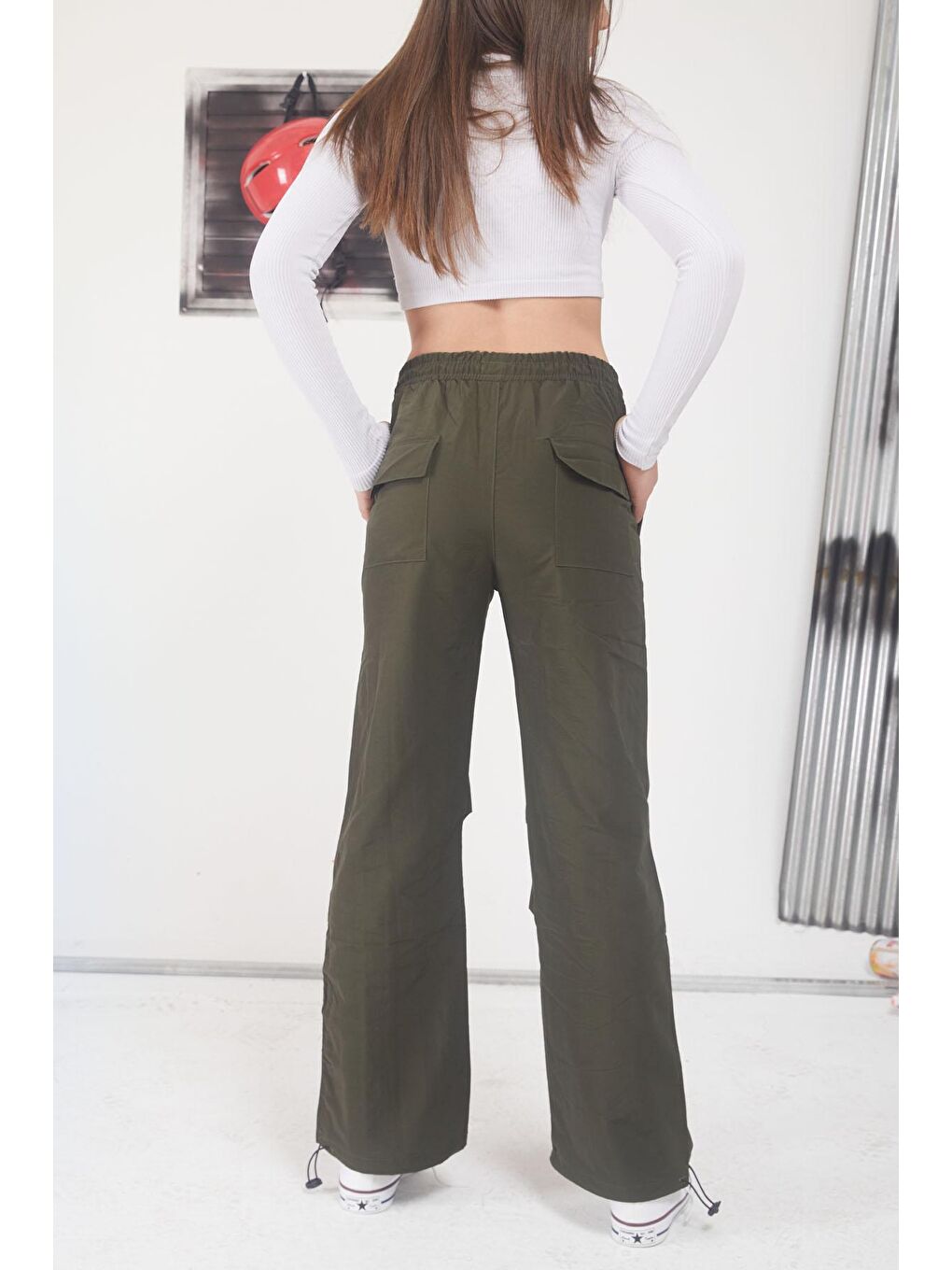 Haki Ayarlanabilir Yüksek Bel Kız Çocuk Paraşüt Pantolon 17589-2