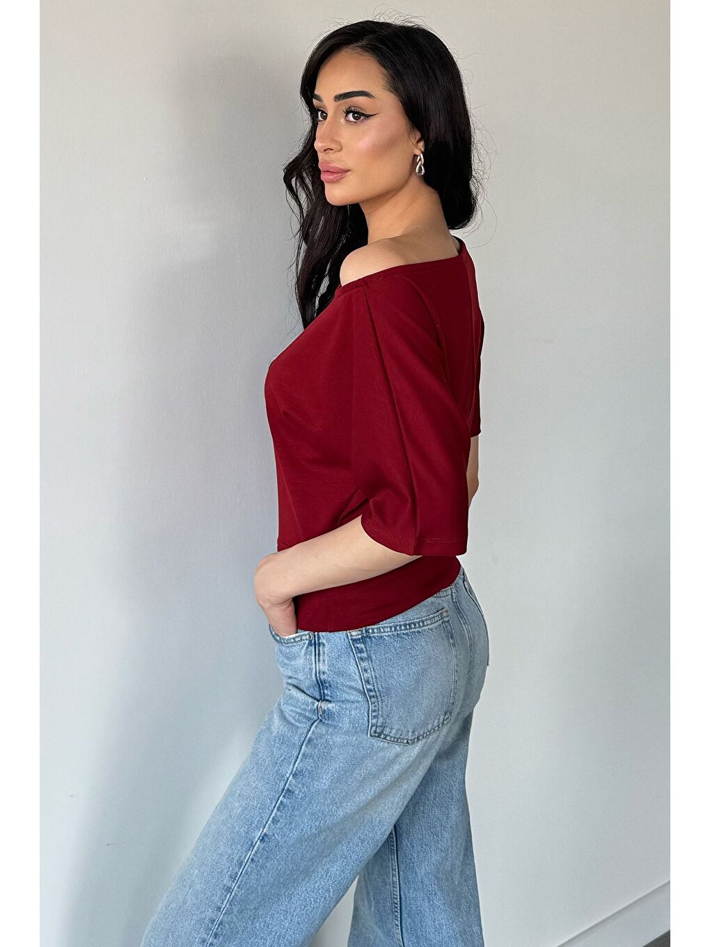 Bordo Kadın Kayık Yaka Bluz-3