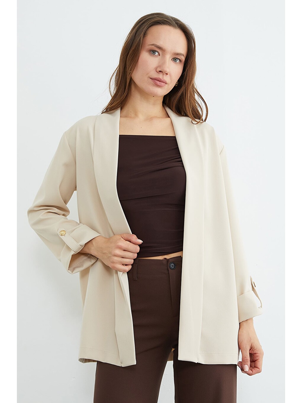 Bej Kolu Katlamalı Şal Yaka Relax Fit Blazer Ceket