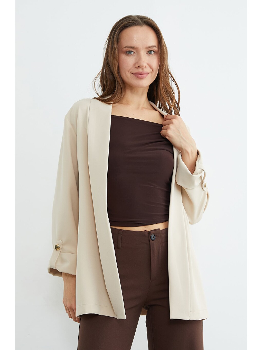 Bej Kolu Katlamalı Şal Yaka Relax Fit Blazer Ceket-2