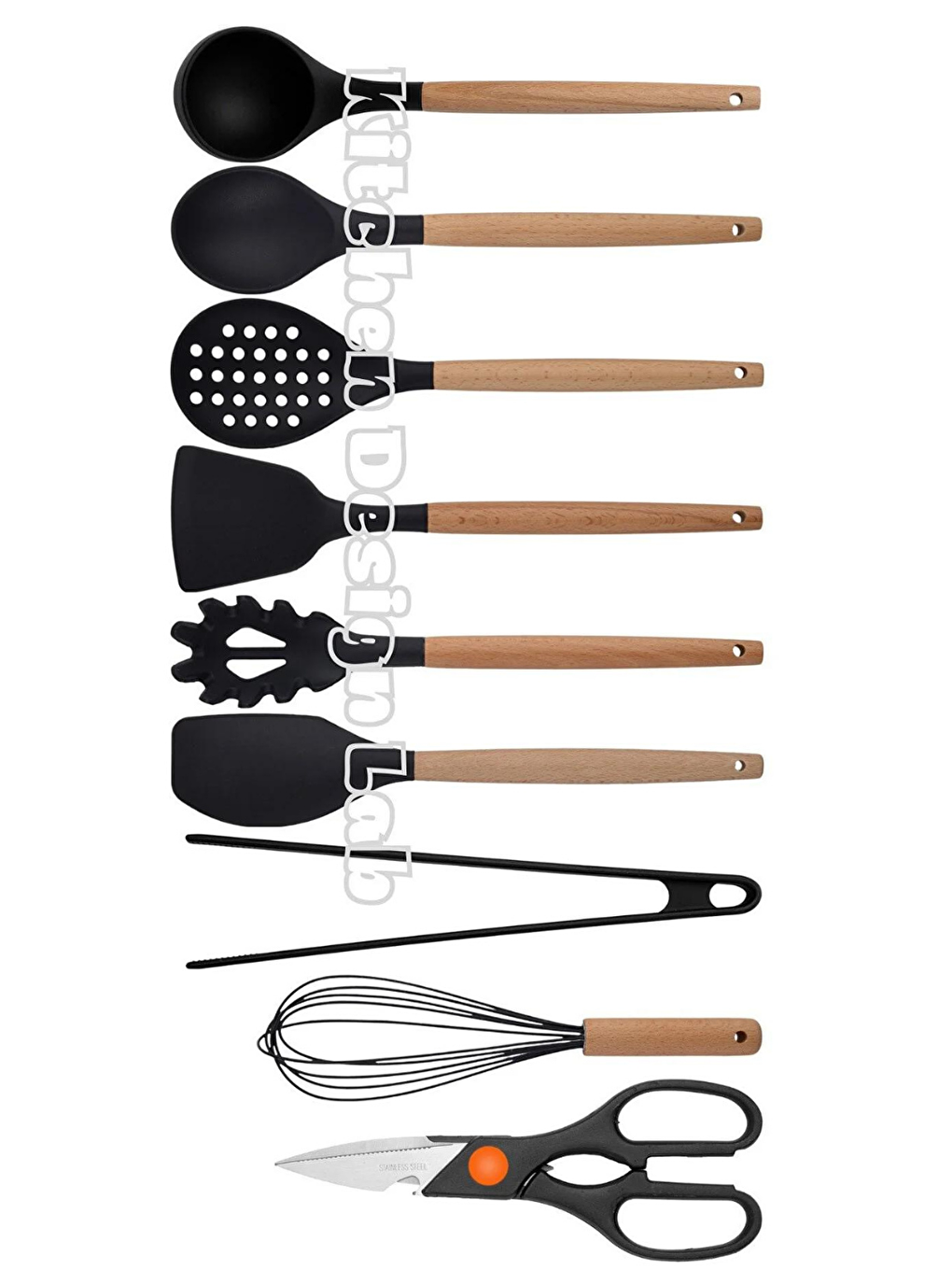 Kitchen Design Lab Siyah Bambu Silikon - Kepçe, Kaşık, Kevgir, Makarna, 2 Spatula, Silikon Maşa, Makas, Çırpıcı, 9 Adet