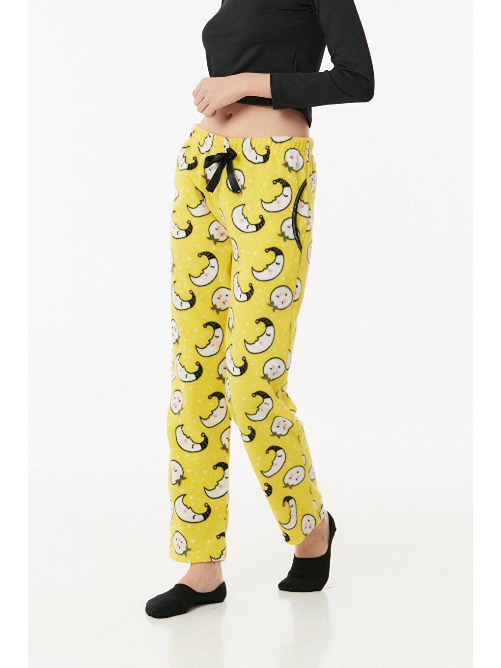 Sarı Panda Baskılı Cepli Polar Pijama Altı-4