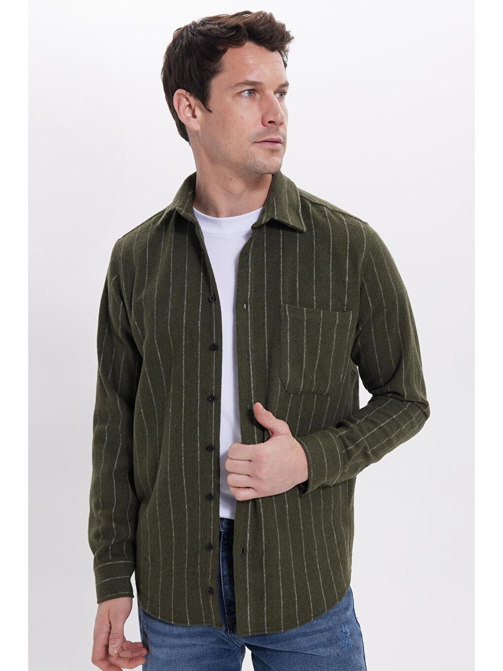 Karışık Erkek Regular Fit Klasik Kesim Çizgili Çift Cep Kapaklı Oduncu Gömlek-4
