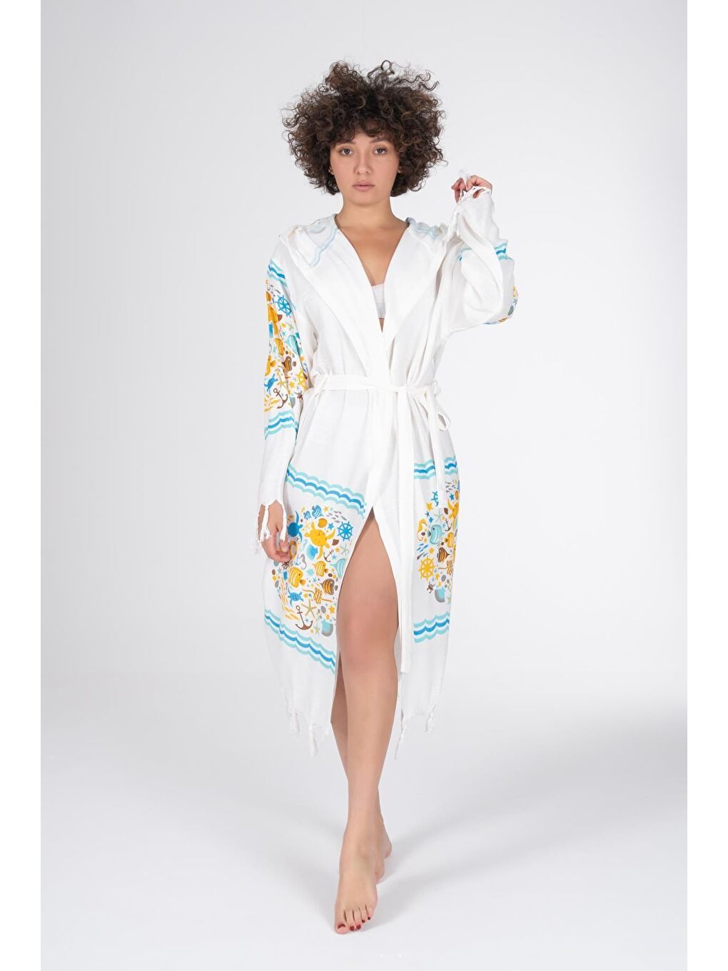 Ekru Baskılı Bambu Peştemal Sabahlık Bornoz BLUEMARIN/S