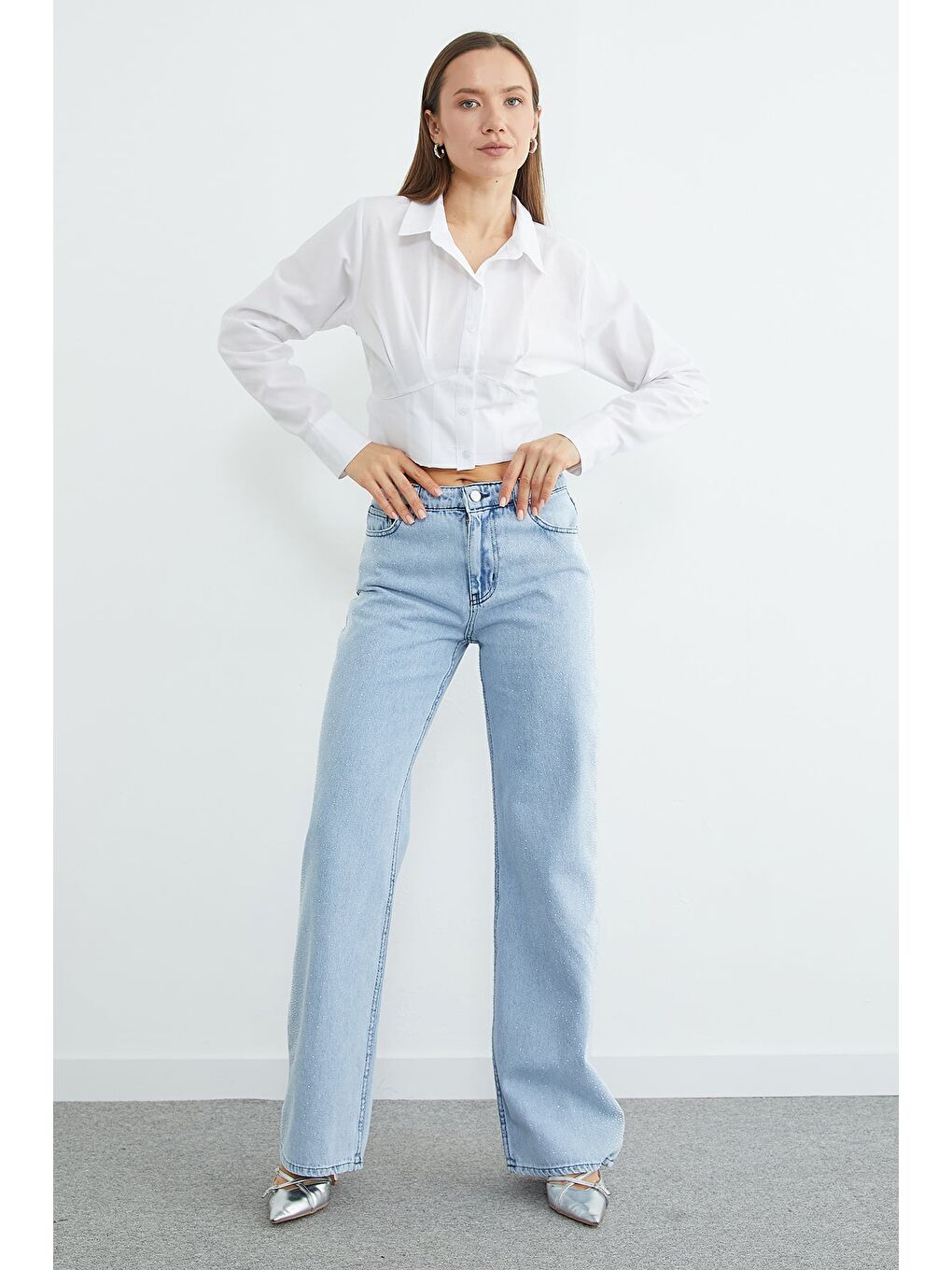 Mavi Yüksek Bel Taş Detaylı Jean-2