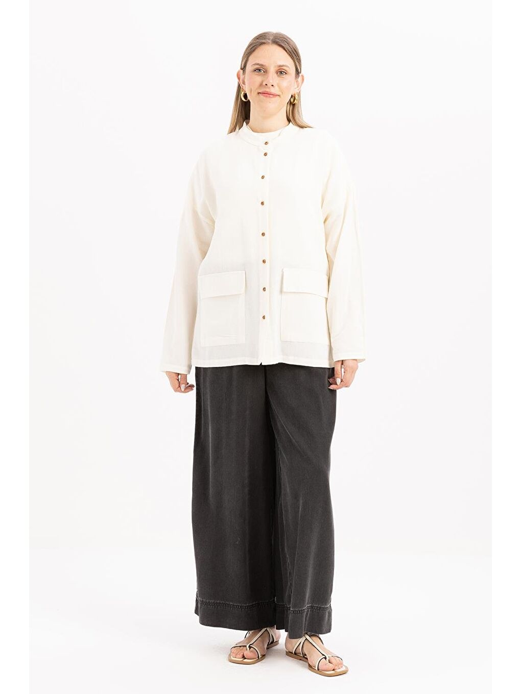 Ekru-Büyük Cepli Keten Gömlek-1