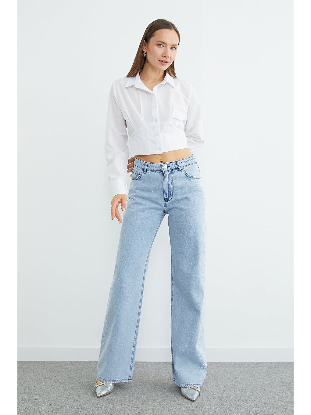 Mavi Yüksek Bel Taş Detaylı Jean-3