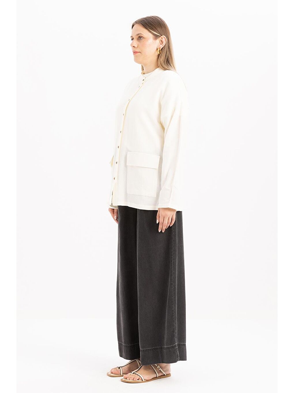 Ekru-Büyük Cepli Keten Gömlek-2