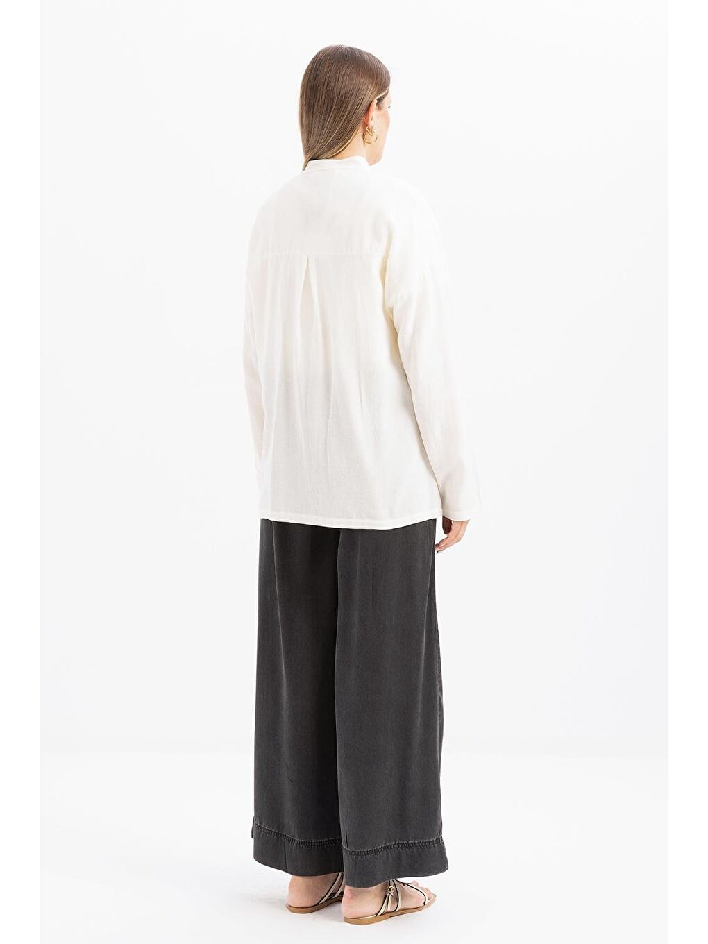 Ekru-Büyük Cepli Keten Gömlek-3