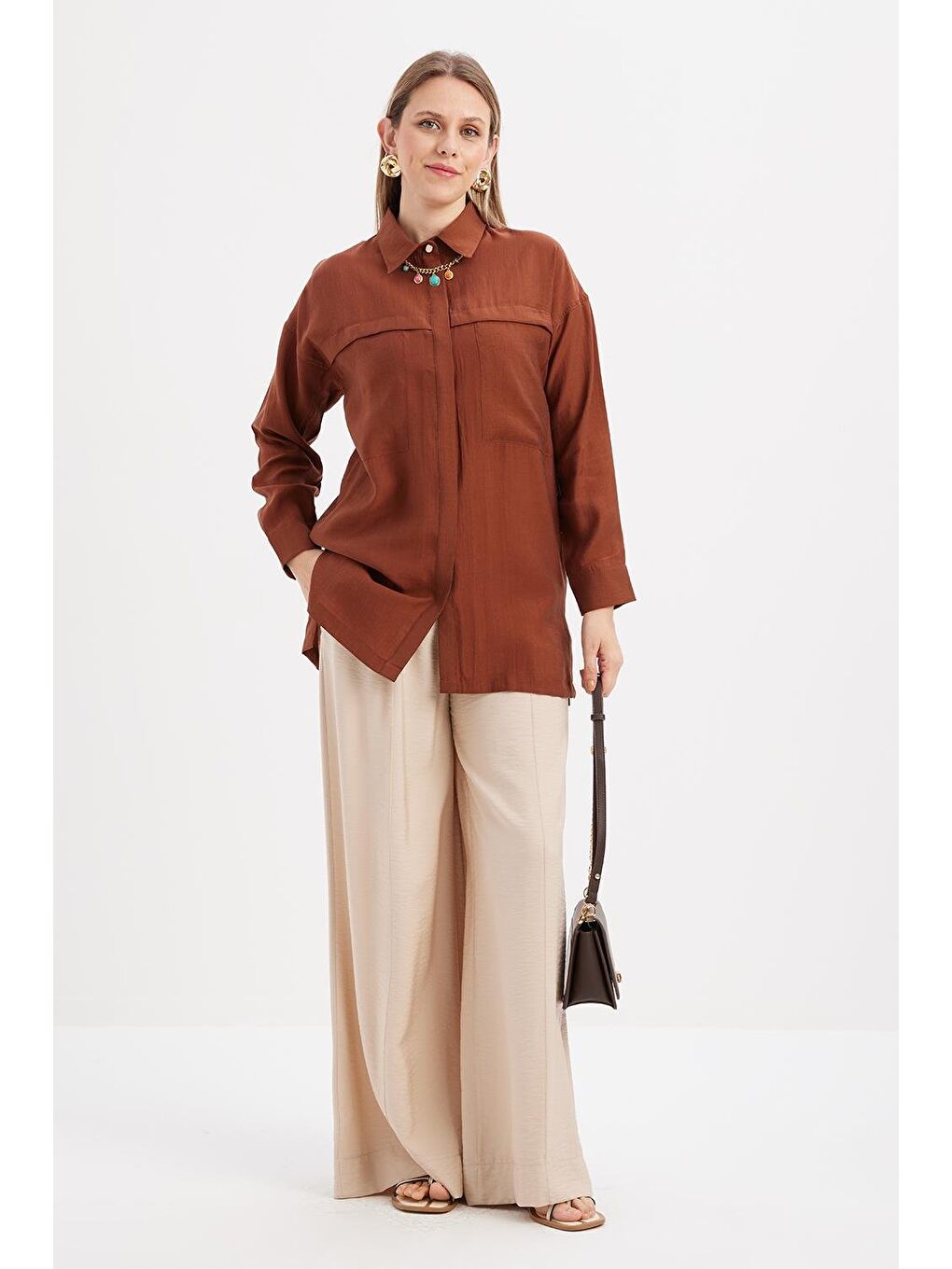 Kahverengi Kahve-Cepli Gizli Patlı Gömlek Tunik-1