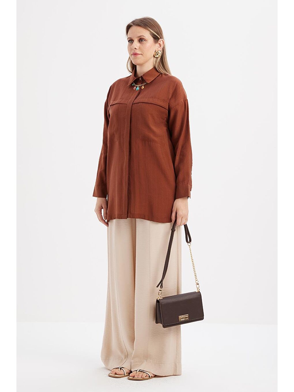 Kahverengi Kahve-Cepli Gizli Patlı Gömlek Tunik-2