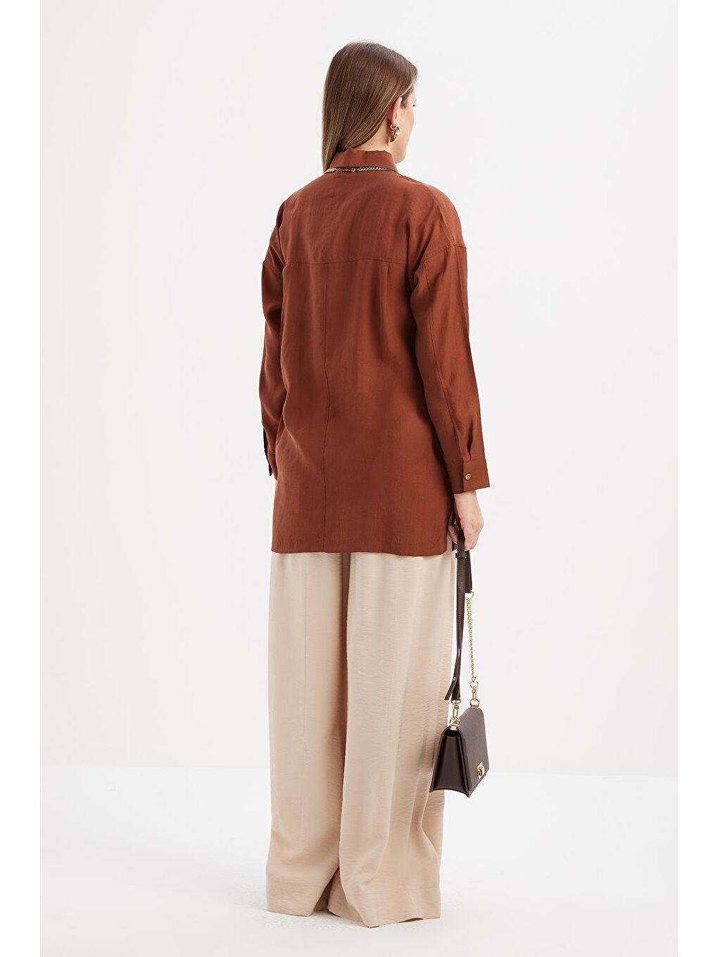 Kahverengi Kahve-Cepli Gizli Patlı Gömlek Tunik-3