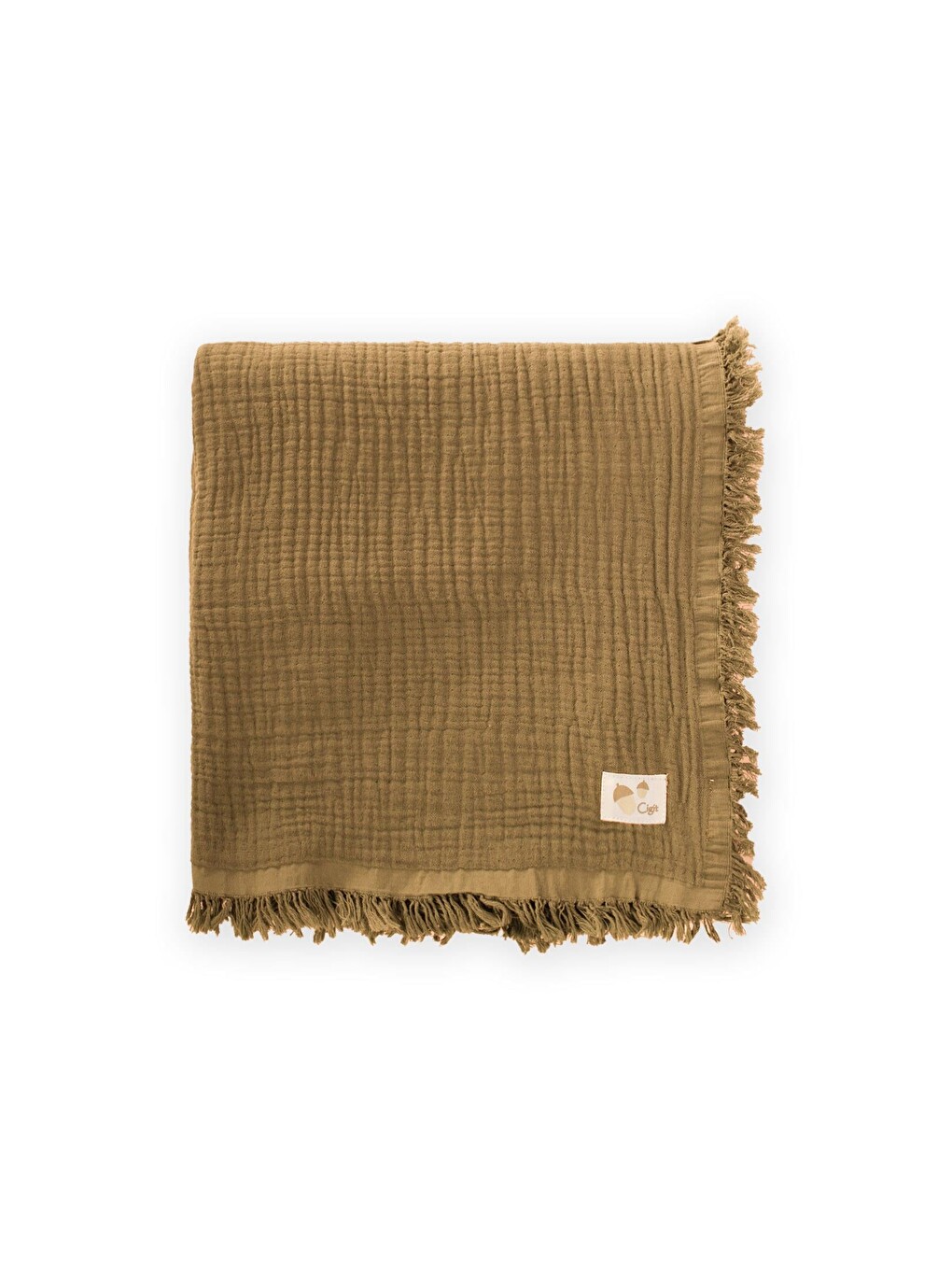 Dört Kat Püsküllü Organic Müslin Battaniye 80X120 Cm Hardal Sarı