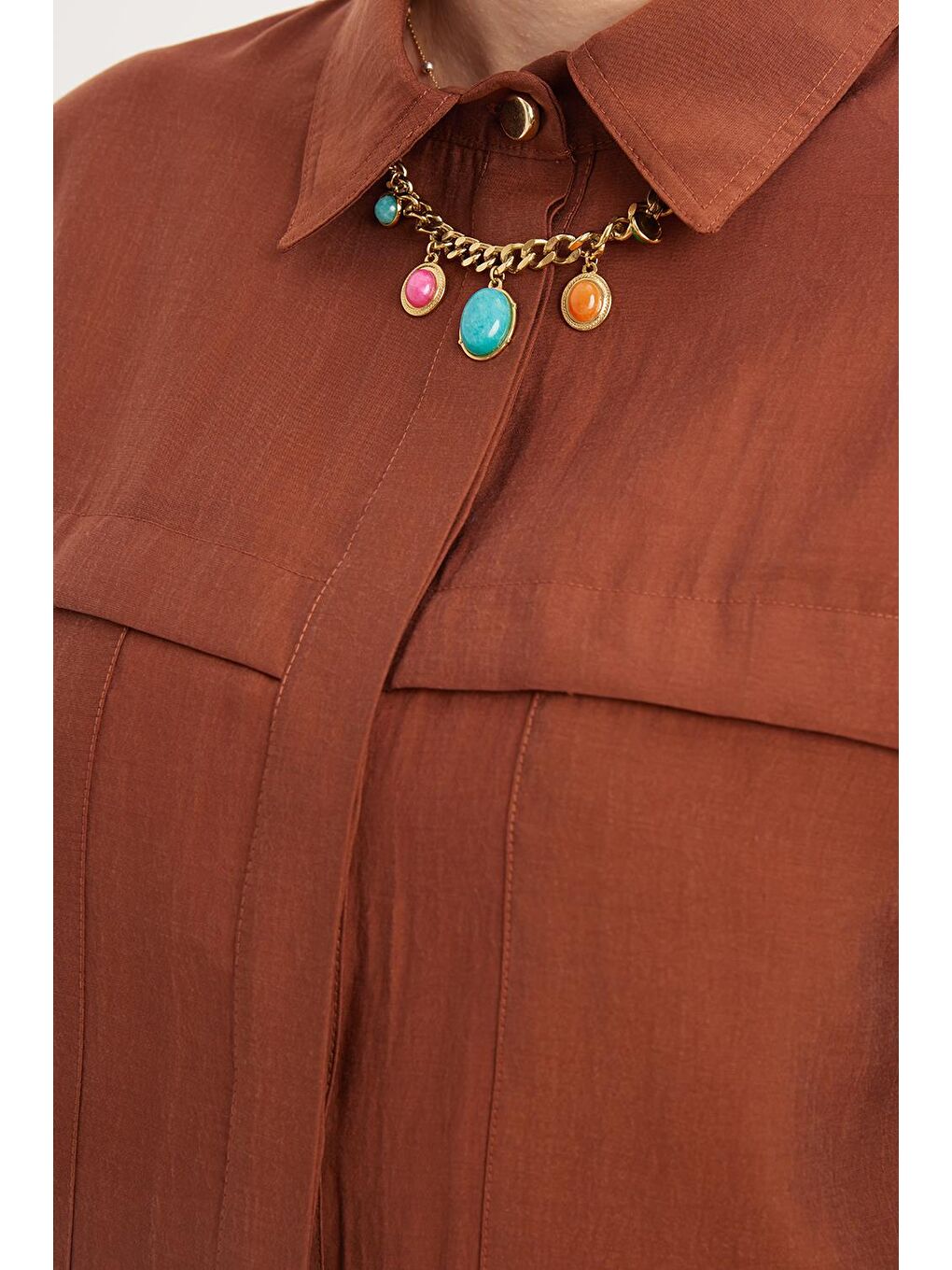 Kahverengi Kahve-Cepli Gizli Patlı Gömlek Tunik-4