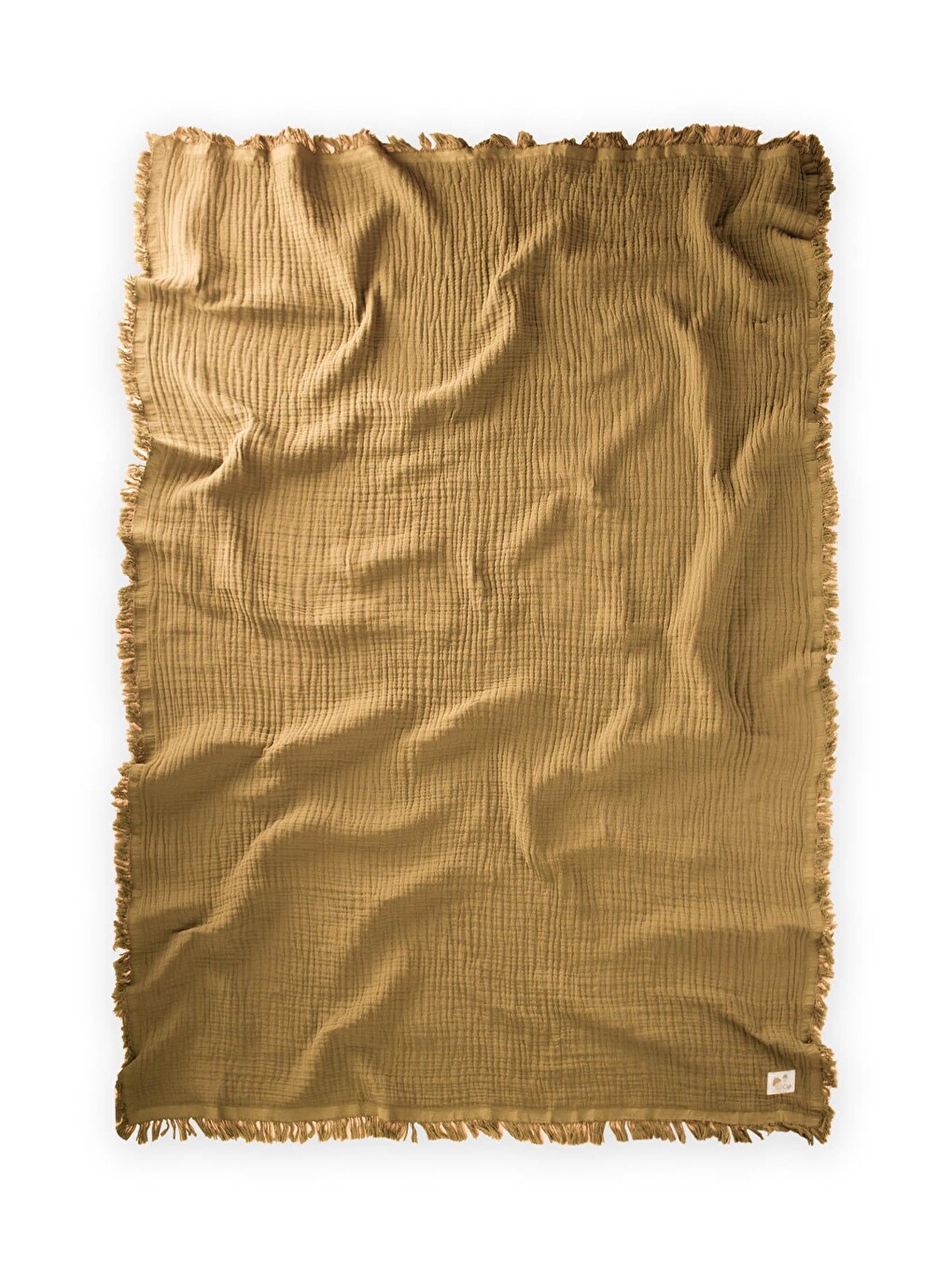 Dört Kat Püsküllü Organic Müslin Battaniye 80X120 Cm Hardal Sarı-1