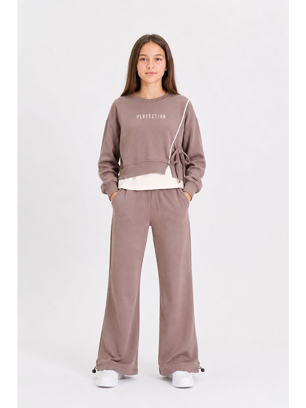 Kahverengi Kız Çocuk Garnili Sweatshirt Lastikli Paça Eşofmanlı 2li Alt Üst Takım 24767