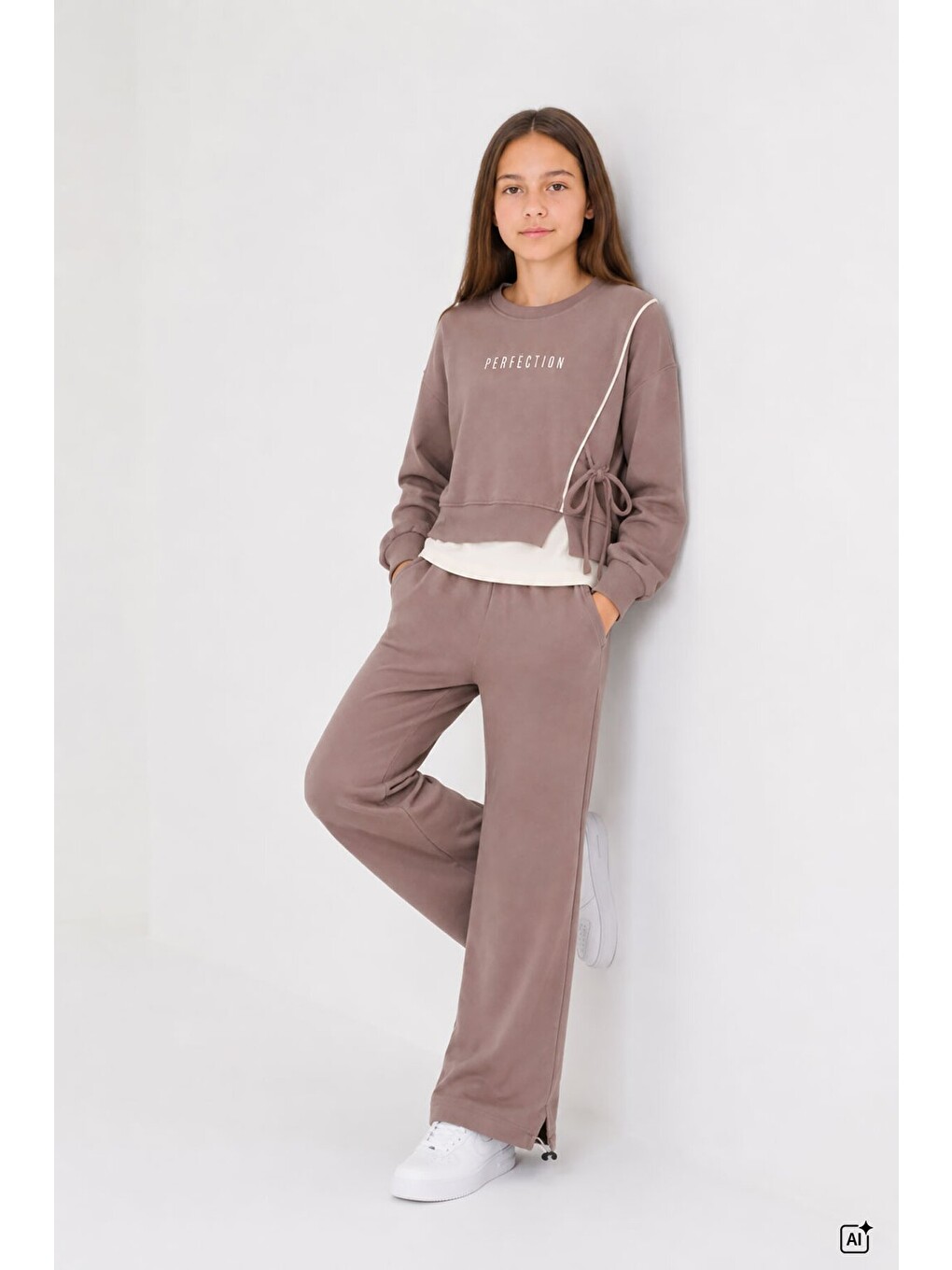 Kahverengi Kız Çocuk Garnili Sweatshirt Lastikli Paça Eşofmanlı 2li Alt Üst Takım 24767-1