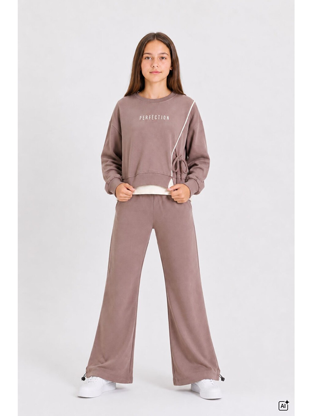 Kahverengi Kız Çocuk Garnili Sweatshirt Lastikli Paça Eşofmanlı 2li Alt Üst Takım 24767-2