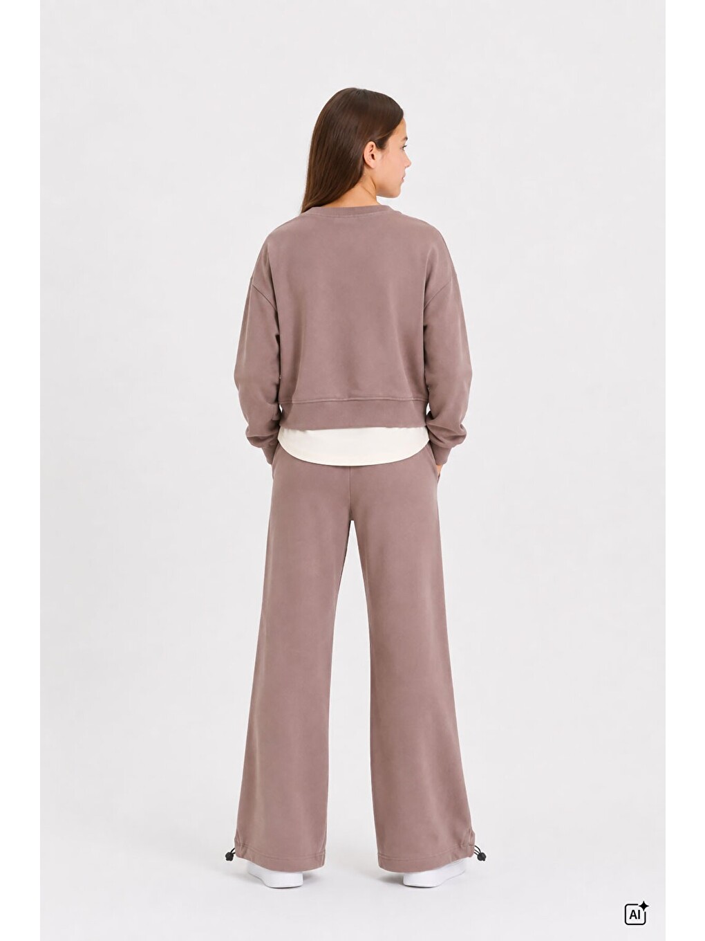 Kahverengi Kız Çocuk Garnili Sweatshirt Lastikli Paça Eşofmanlı 2li Alt Üst Takım 24767-3
