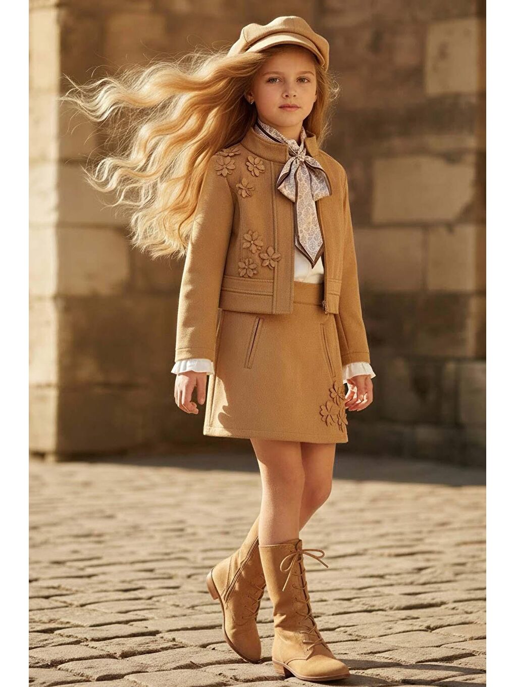 Kahverengi Kız Çocuk Kristal Taş Düğmeli Şifon Gömlek Çiçek Desen İşlemeli Ceket Süet Taba Etekli Takım