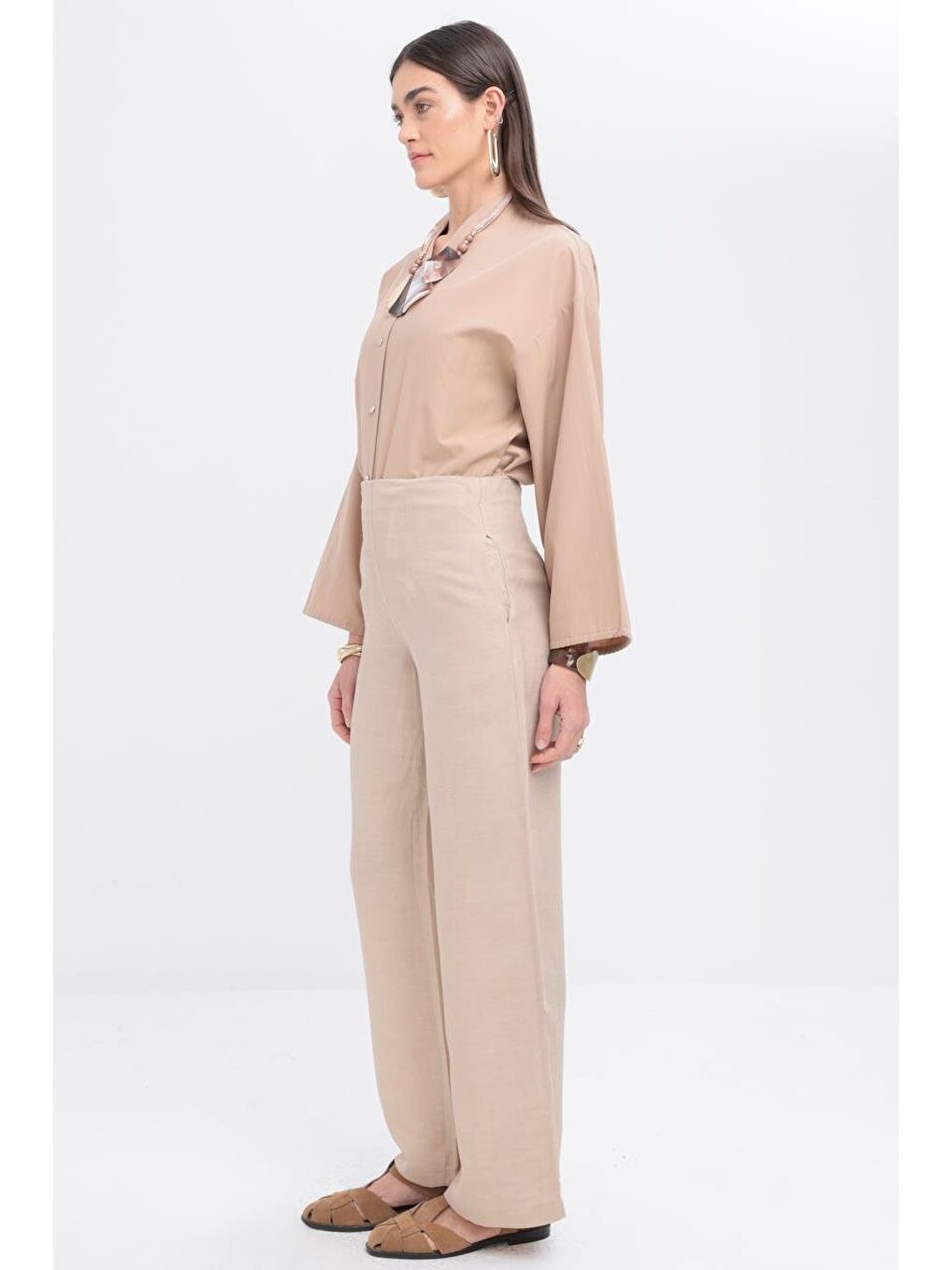 Bej-Bol Paça Keten Pantolon-1