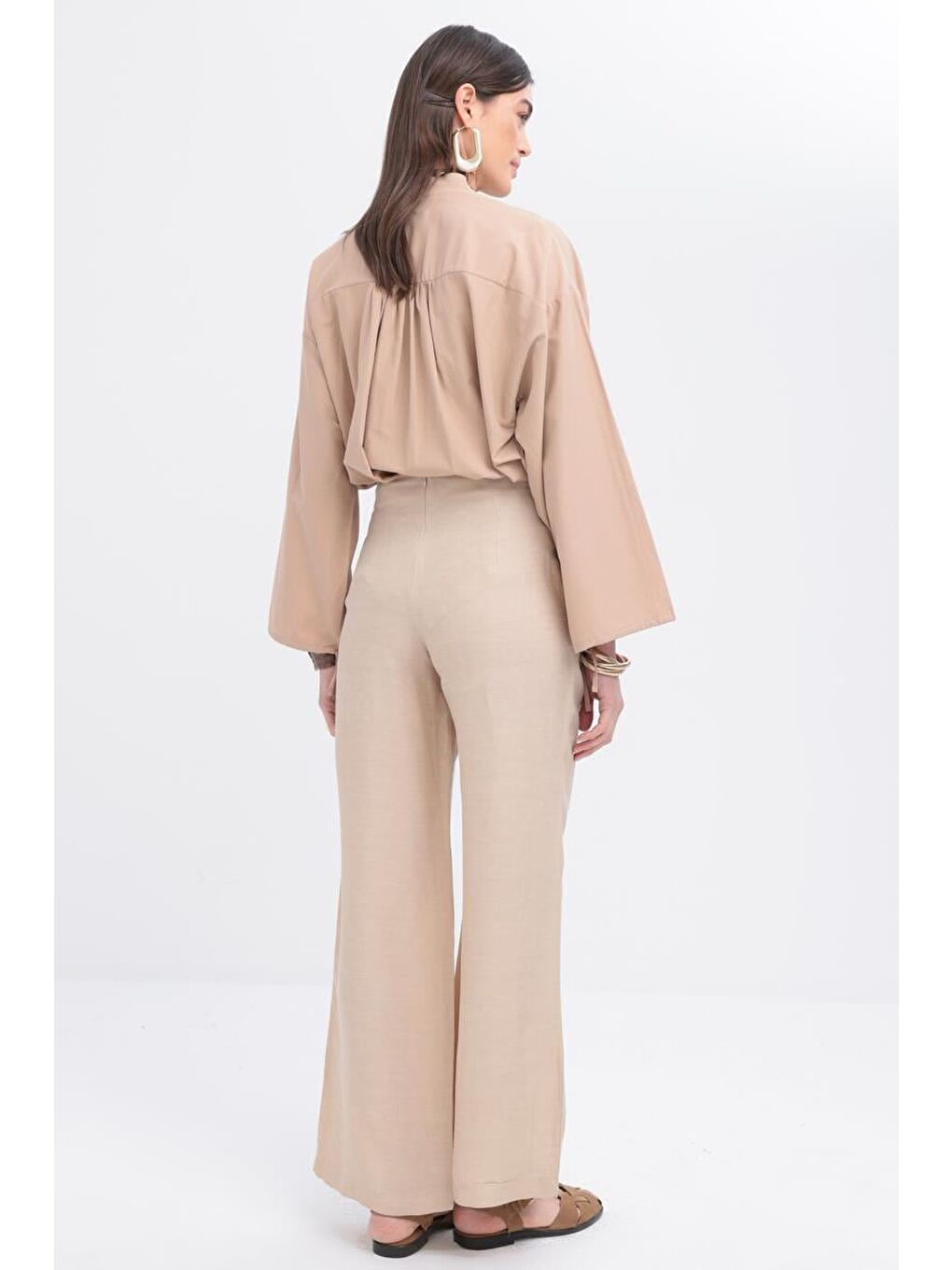 Bej-Bol Paça Keten Pantolon-2