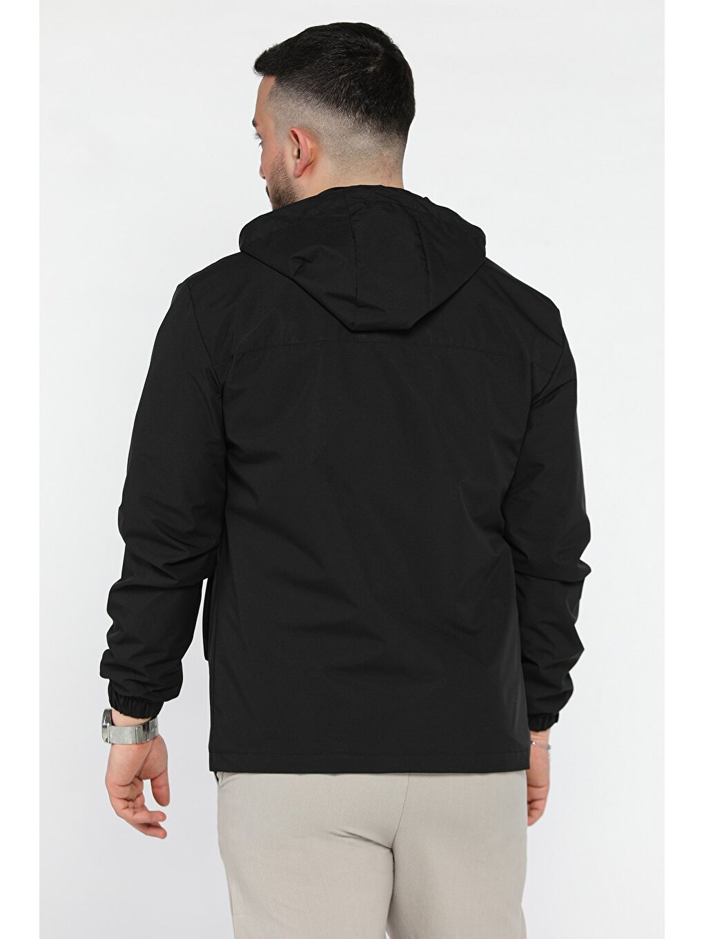 Siyah Erkek Fermuarlı Ve Çıtçıtlı Kapüşonlu Mevsimlik Mont-2