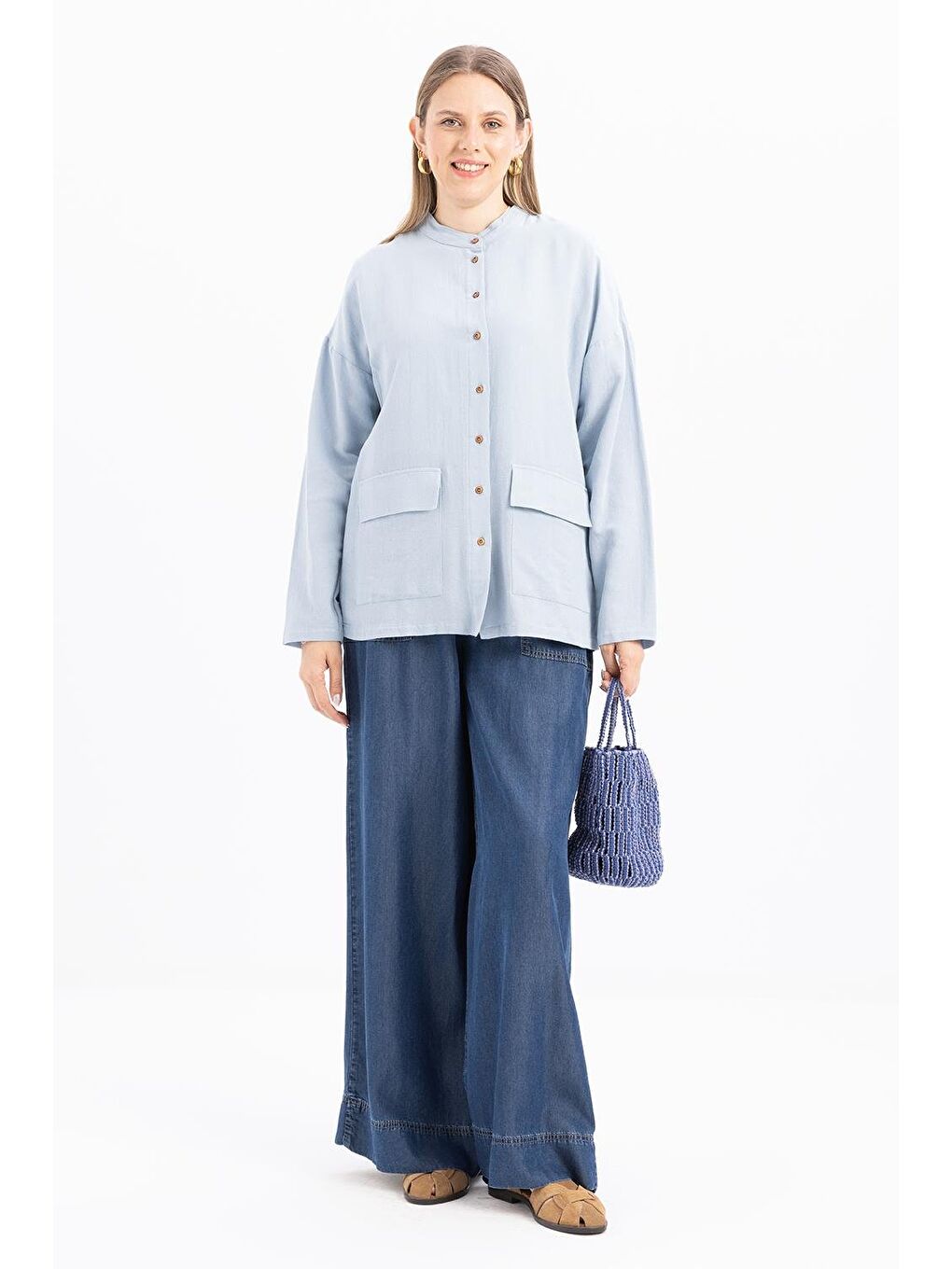 Beyaz Mavi-Büyük Cepli Keten Gömlek-1