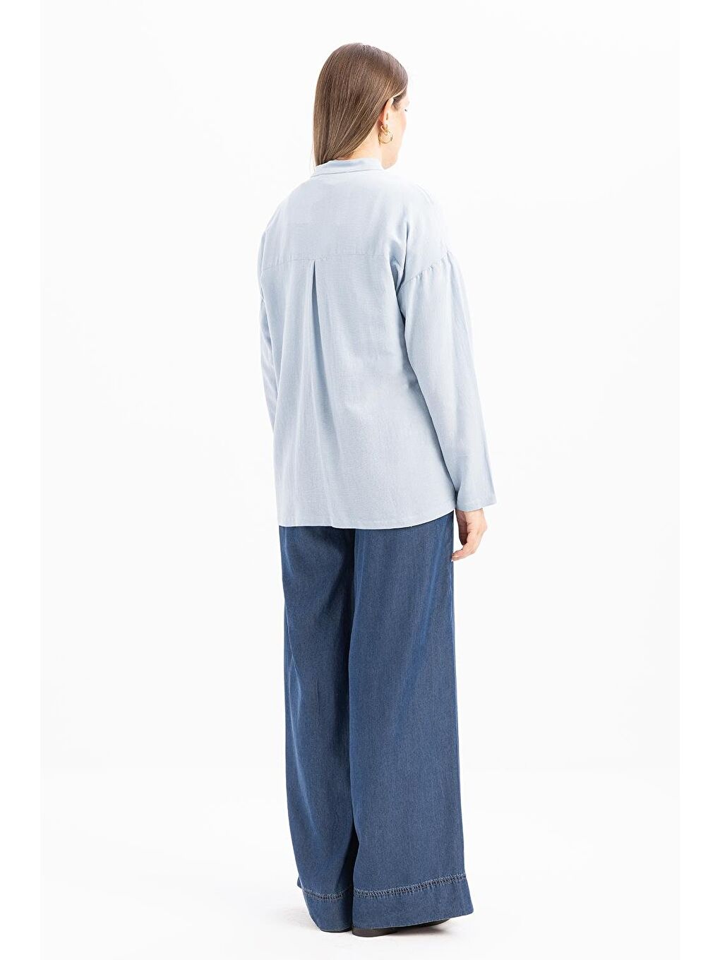 Beyaz Mavi-Büyük Cepli Keten Gömlek-3