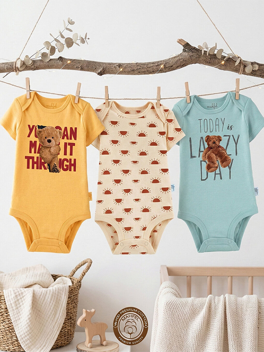 Ekru 3'lü %100 Pamuklu Organik Baskılı Kısa Kollu Çıtçıtlı Bebek Body Zıbın 1-16-1