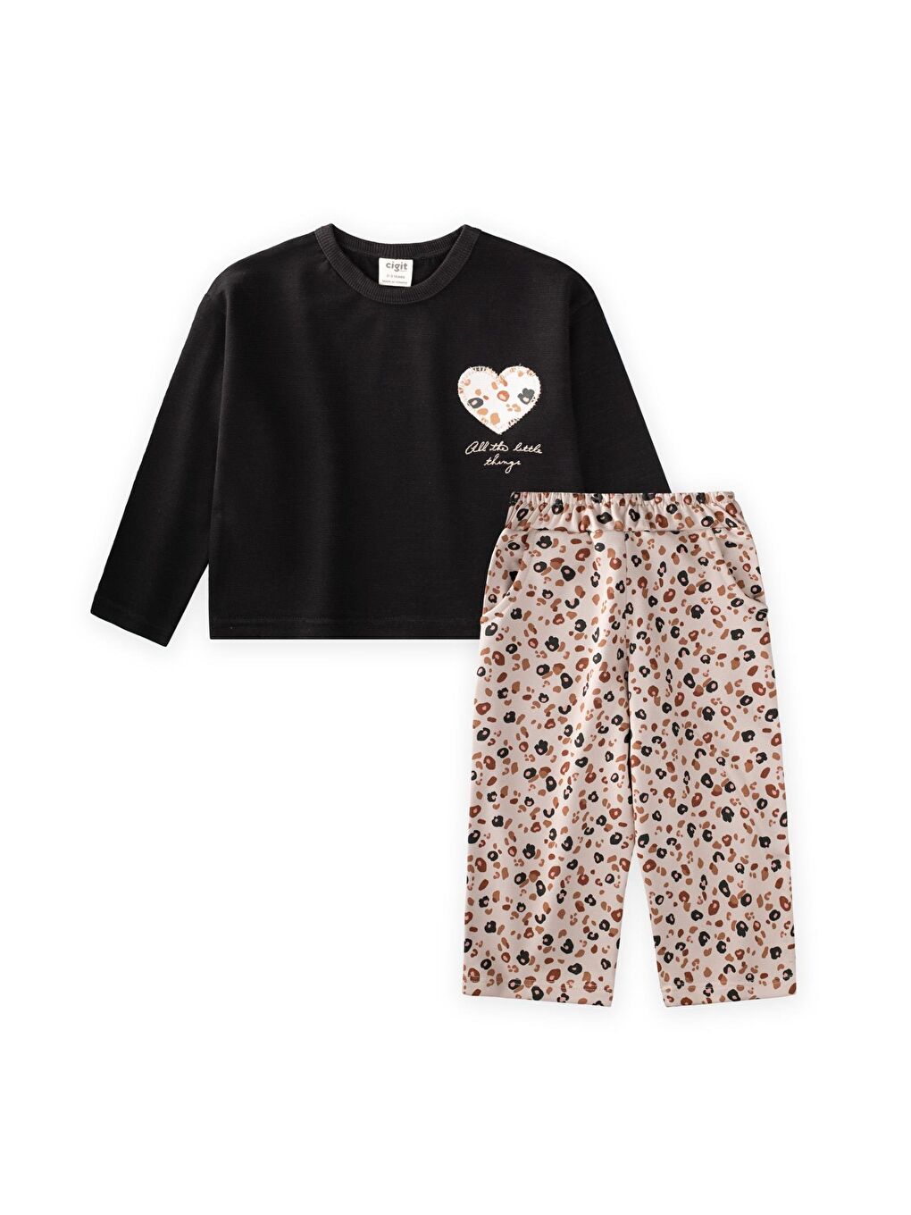 Uzun Kollu Desenli Yüksek Bel Pantolonlu Takım 2-8 Yaş Siyah