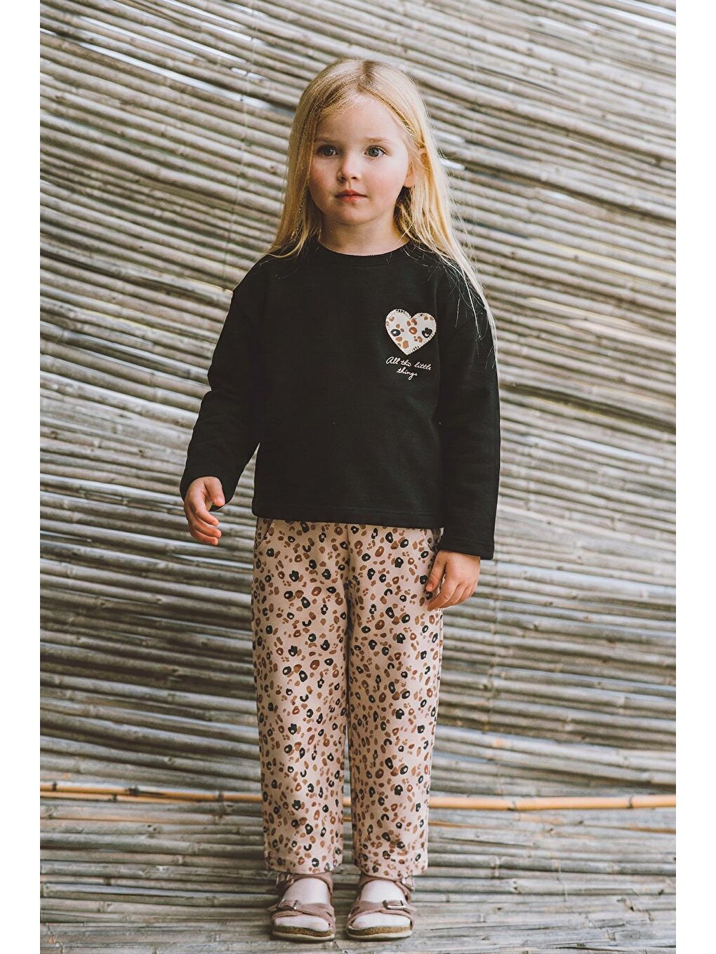 Uzun Kollu Desenli Yüksek Bel Pantolonlu Takım 2-8 Yaş Siyah-2