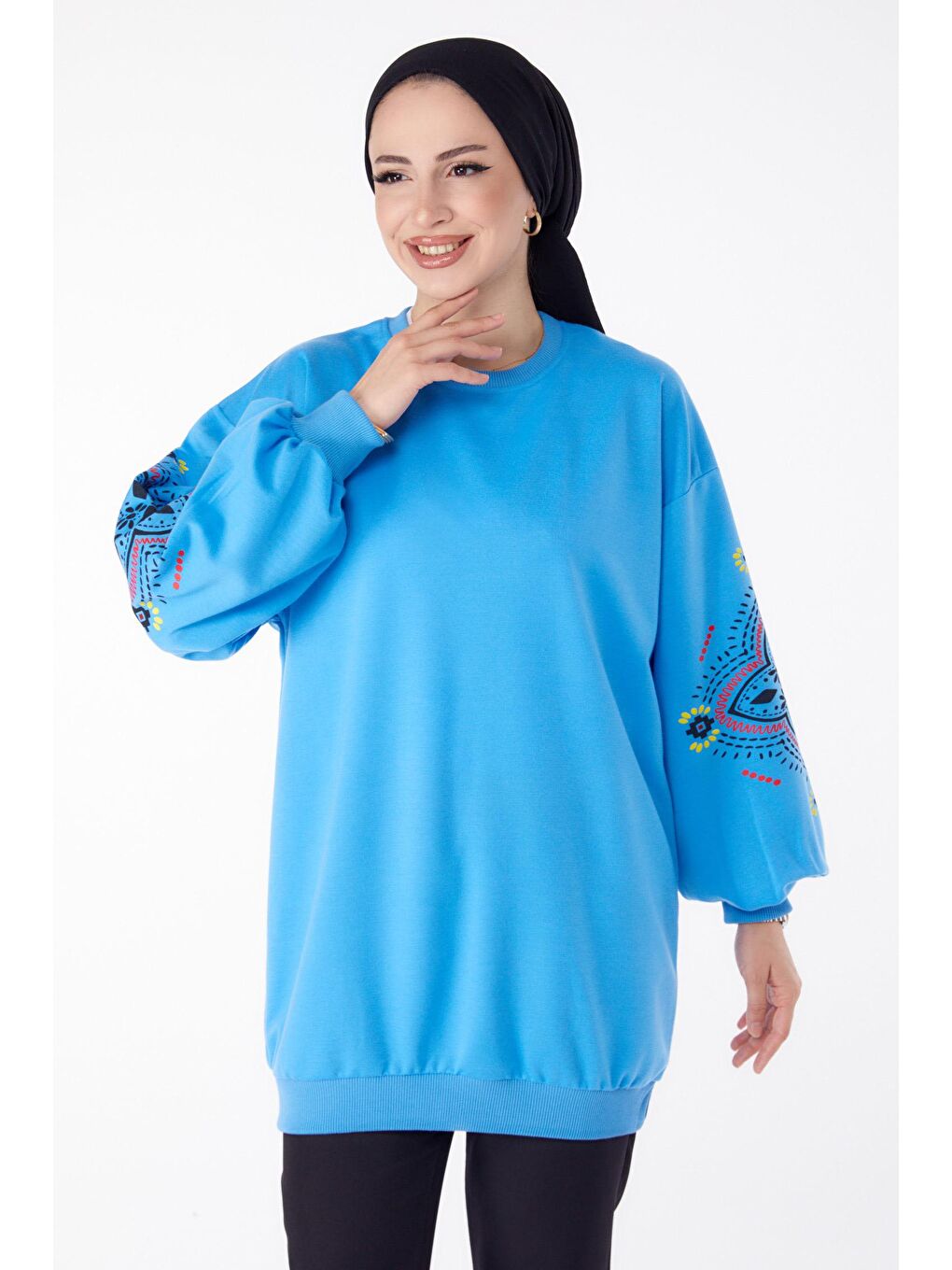 Bisiklet Yaka Kadın Mavi Sweat - 23129