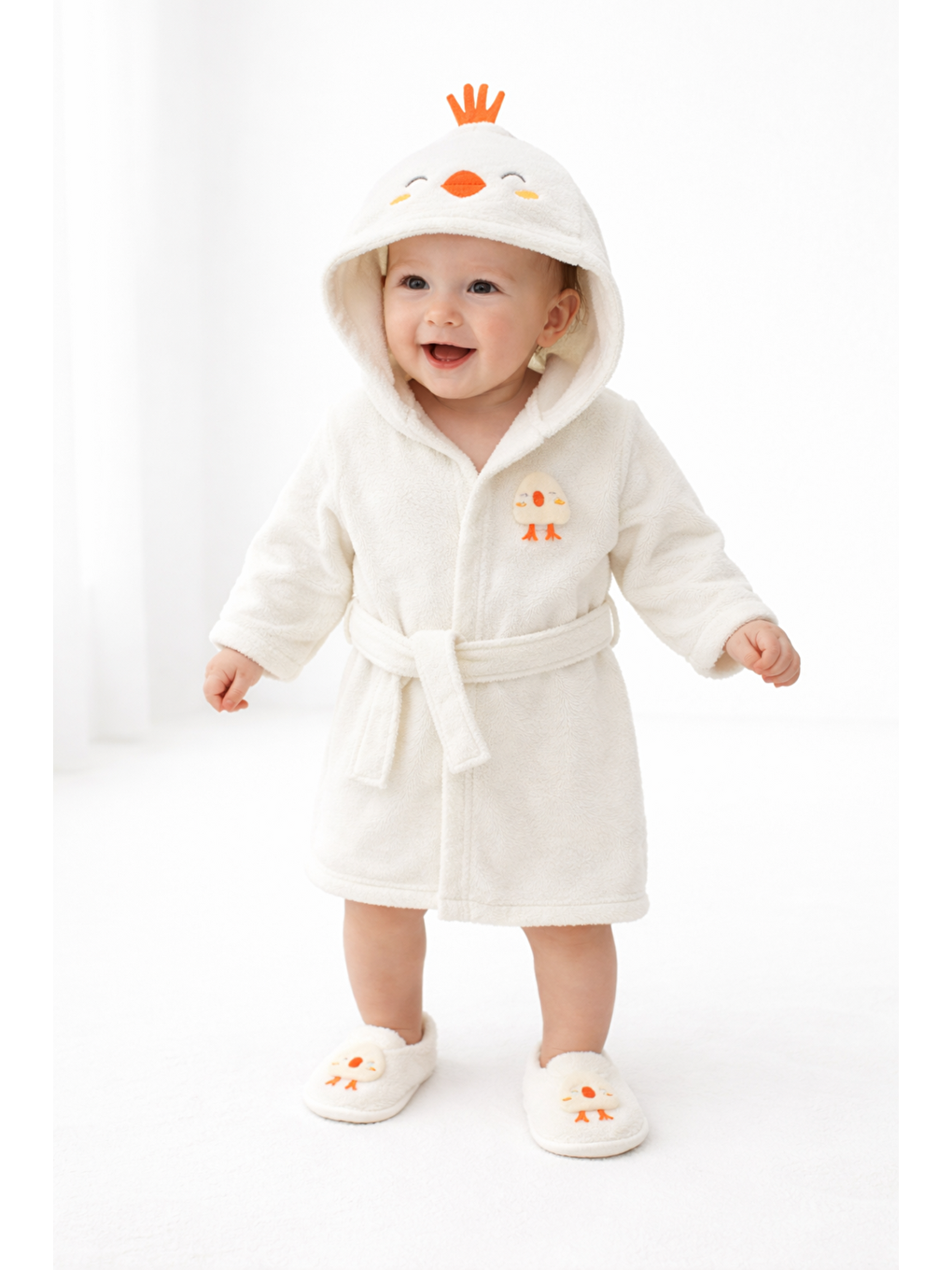 Turuncu Unisex Hayvan Figürlü Bebek Bornoz Havlu Seti Yenidoğan Hediyelik Kutulu 0-24ay Pamuklu 3lü Takım-1