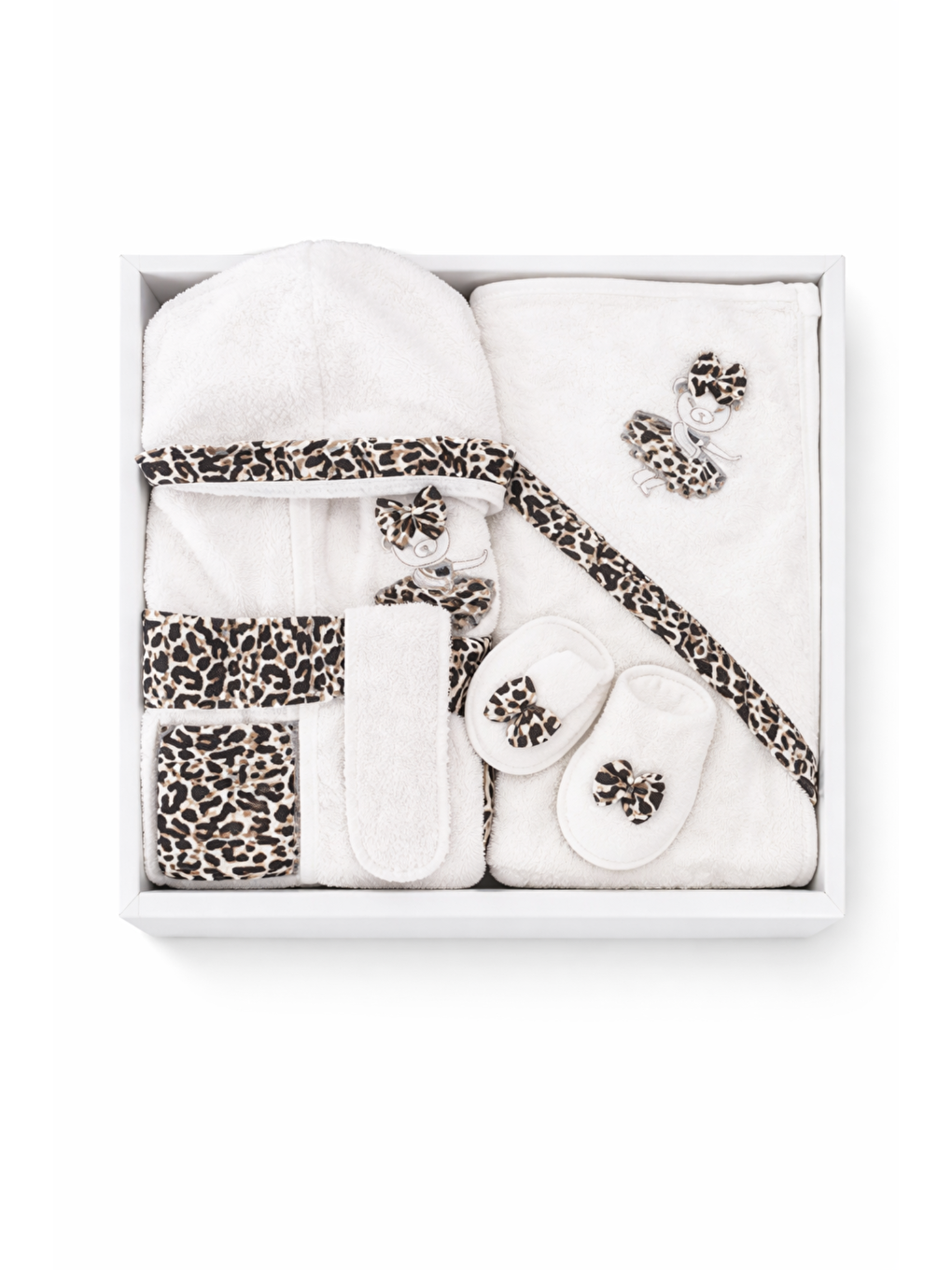 Ekru Kız Bebek Çocuk 0-24 ay Leopar Baskılı Kutulu Bornoz Havlu Seti Hediyelik 4 Parça-1