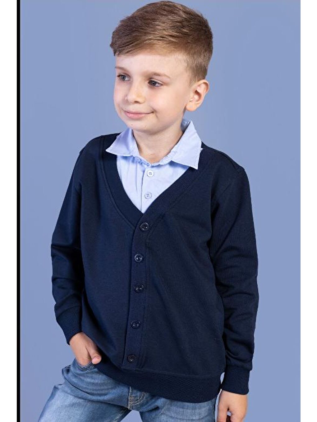Lacivert Erkek Çocuk Düğmeli Okul Hırka