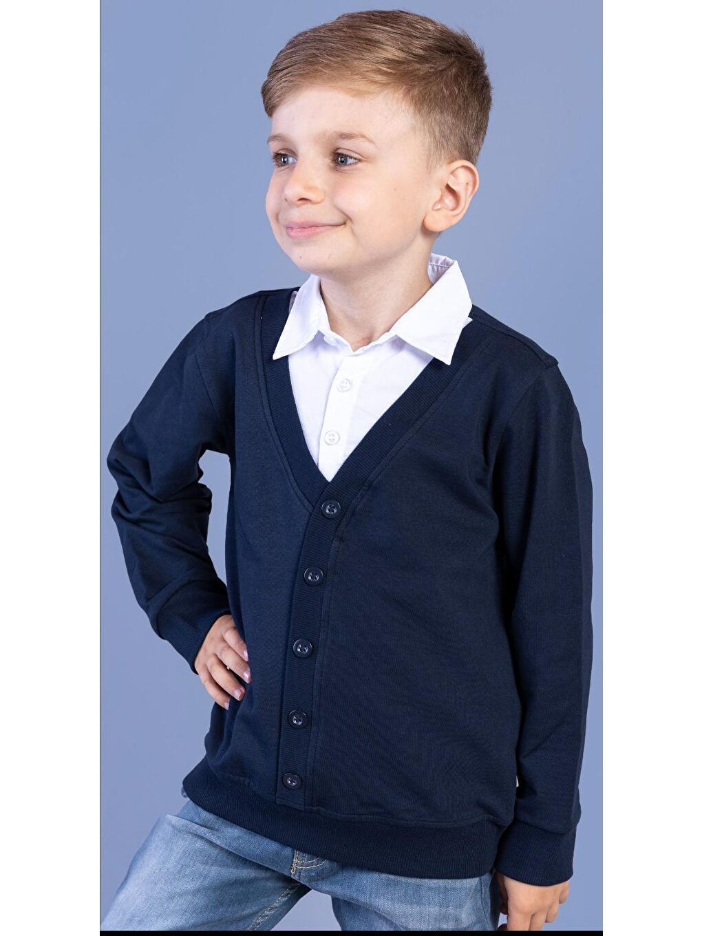 Lacivert Erkek Çocuk Düğmeli Okul Hırka-1