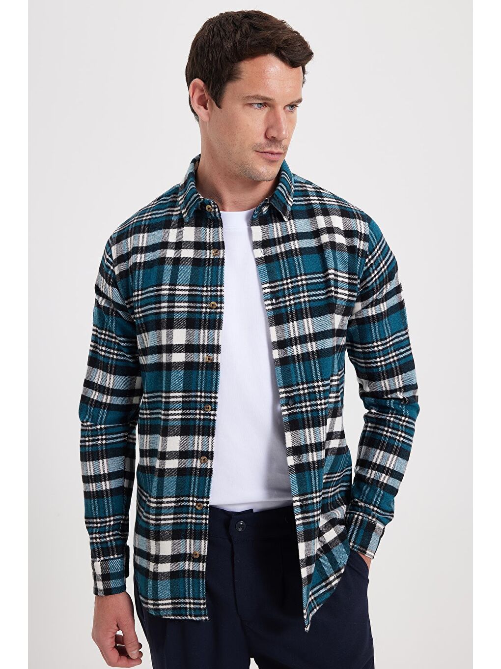 Petrol Erkek Slim Fit Dar Kesim Kareli Kışlık Oduncu Gömlek-6