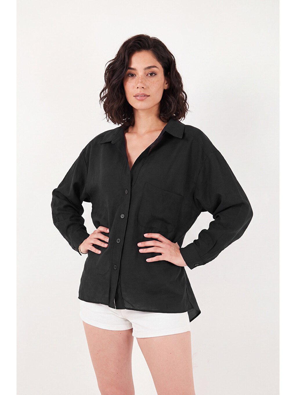 Siyah Modal Oversize Fit Uzun Kollu Kadın Gömlek 6834612-4