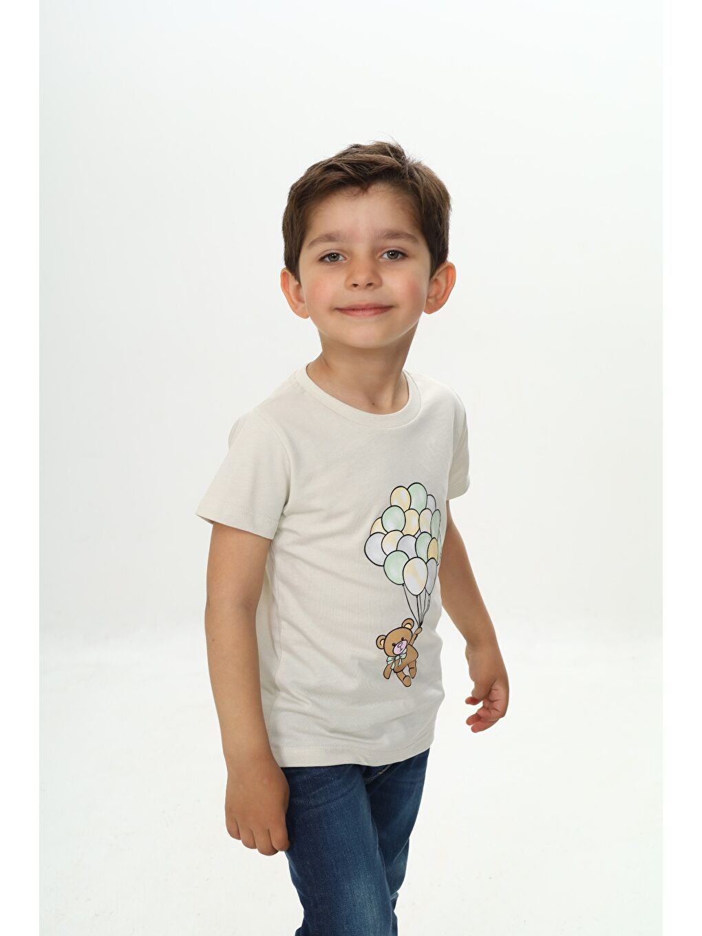 Ekru Erkek Çocuk Balonlu Ayı Baskılı Tişört-1
