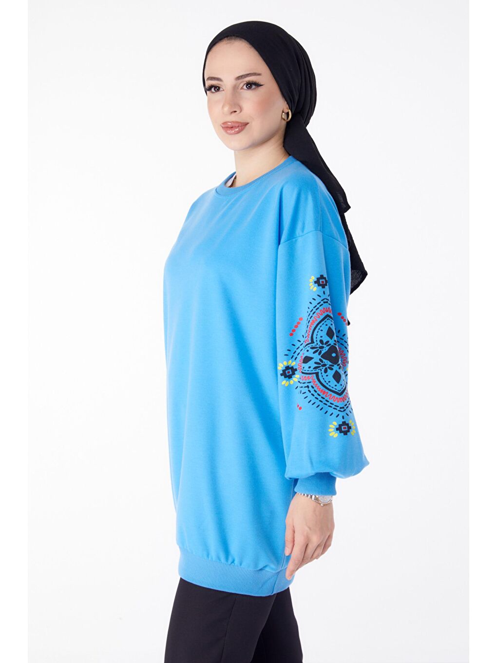 Bisiklet Yaka Kadın Mavi Sweat - 23129-2