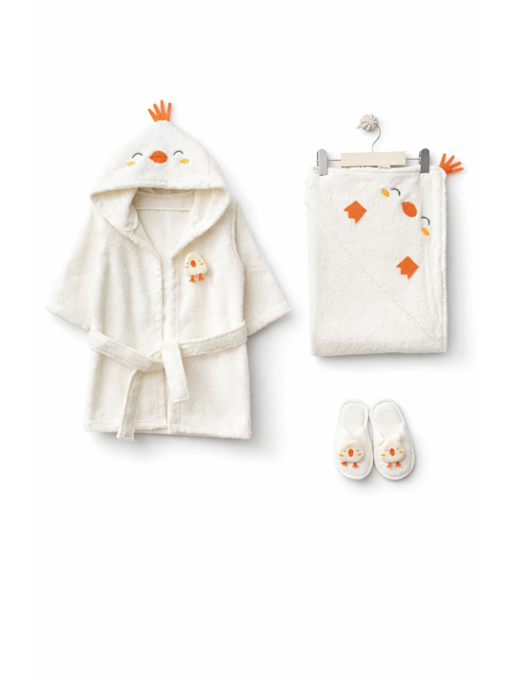 Turuncu Unisex Hayvan Figürlü Bebek Bornoz Havlu Seti Yenidoğan Hediyelik Kutulu 0-24ay Pamuklu 3lü Takım-5
