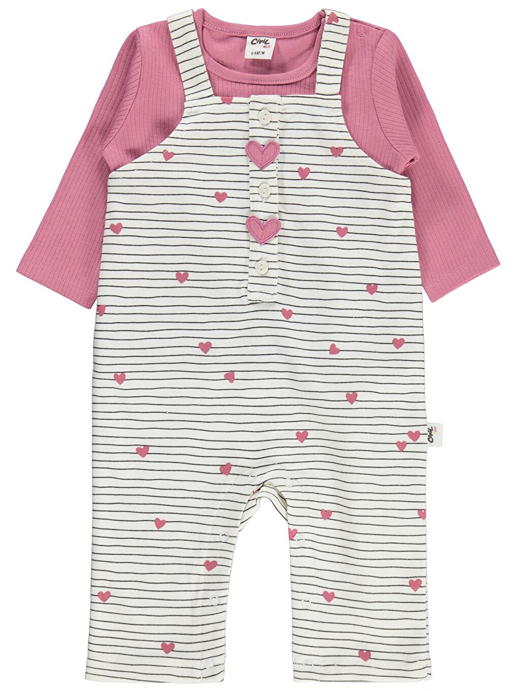Baby Çizgi Kalp Empirme 6-18 Ay Tulum - Ekru