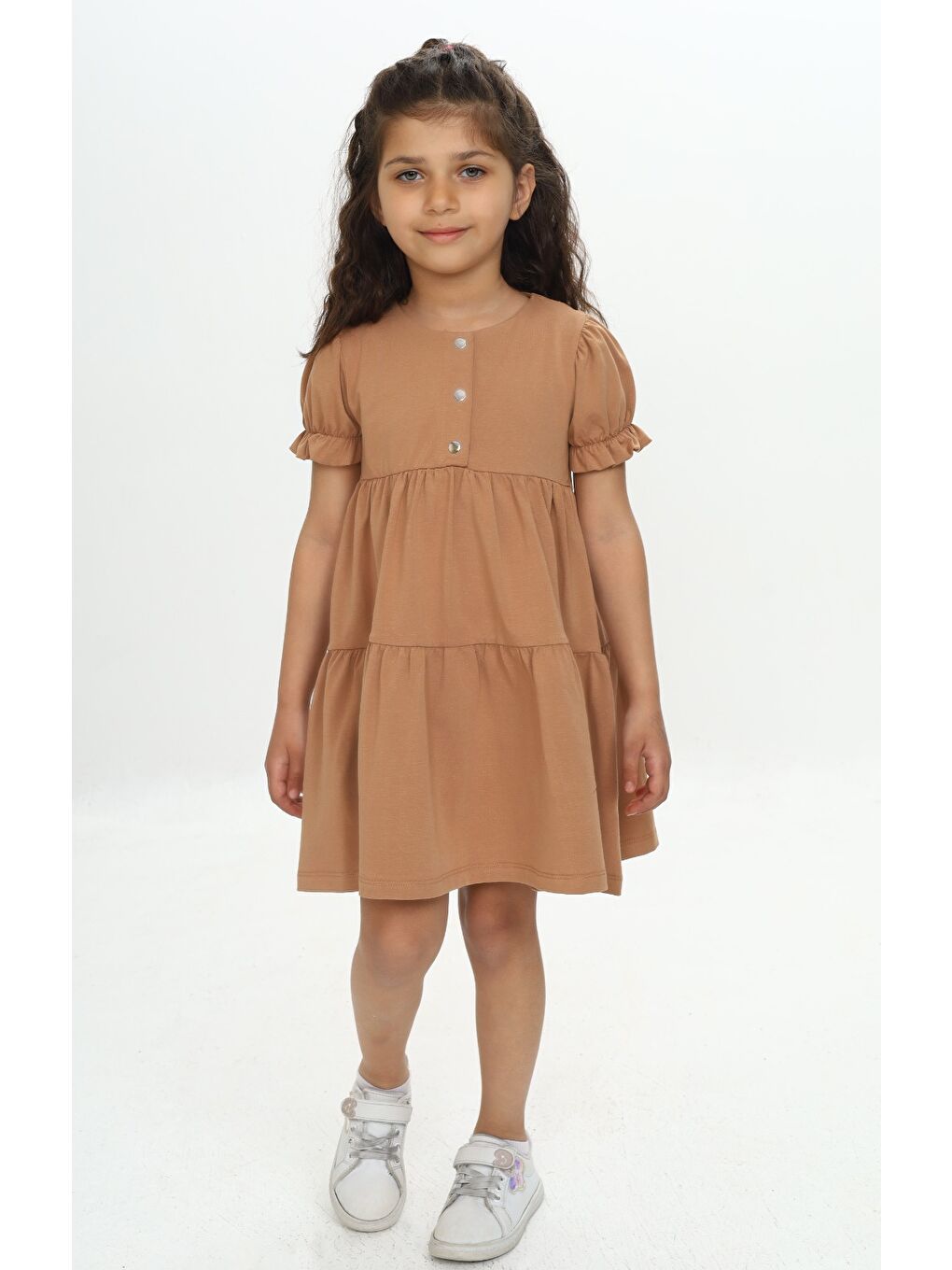 Kahverengi Kız Çocuk Önü Düğmeli Fırfırlı Elbise-1